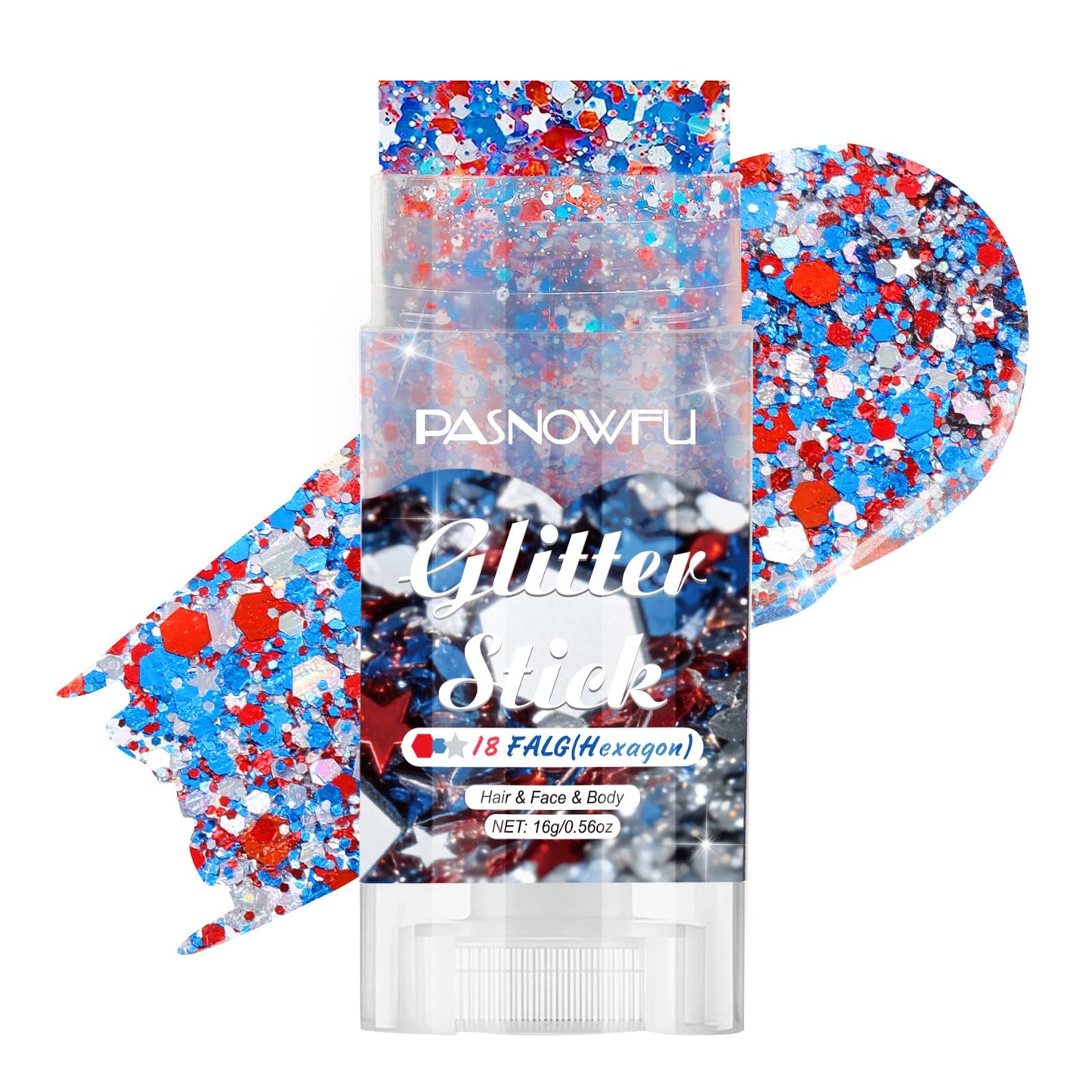 PASNOWFU Red White Blue Body Glitter Stick Hexagon, Shimmer Face Hair Glitter Waterproof Easy Clean for 4th of July Independence Day USA Accessories Outfits for Women Festival Parades Celebrations
