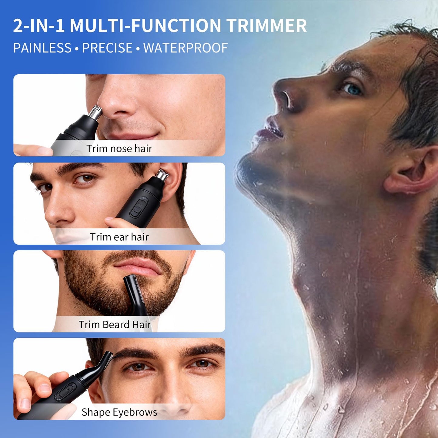 GERY Nose Hair Trimmer for Men & Women, 2 in 1 Eyebrow Trimmer with Dual Replaceable Heads, Nasal Hair Cutter, Painless Multifunctional Clipper, Facial Cleansing & Skin Care Kit, USB Rechargeable