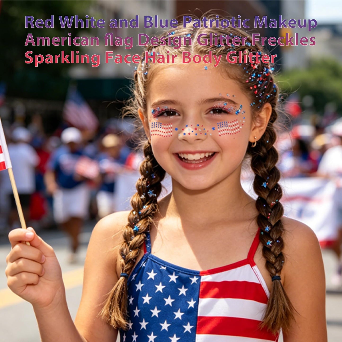 Mysense Red White Blue Face Hair Body Glitter Stick + 6Pcs Glitter Freckles Face Tattoo,4th of July Outfits for Women Kids,Patriotic Accessories for Independence Day Memorial Day American Flag Makeup