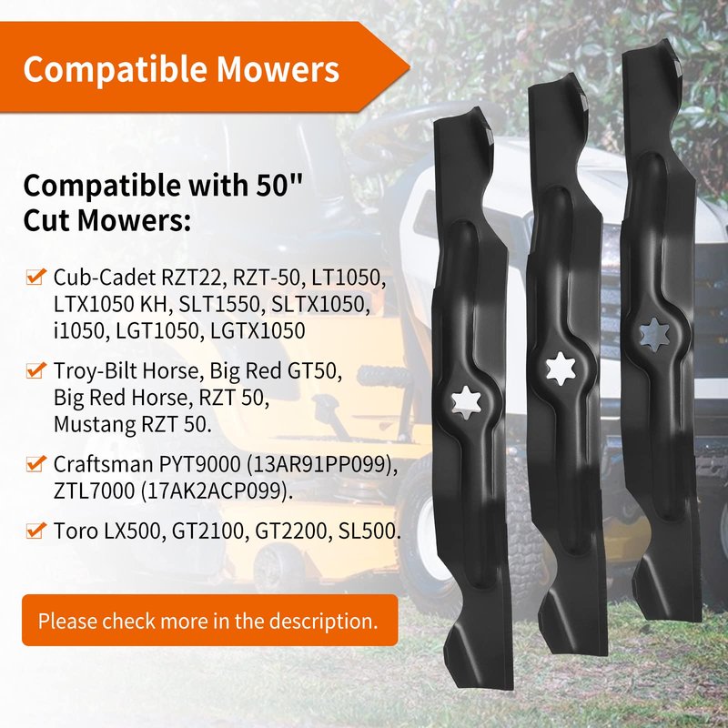 budrash 942-04053C Mower Blades Fit for Cub-Cad et RZT 50" Tractors, 742-04053 High Lift Blade Fit for Cub-Cad et Troy Bilt LT1050 LTX1050 50" Deck 742-04053A 742-04123, 942-04123, 3 Pack