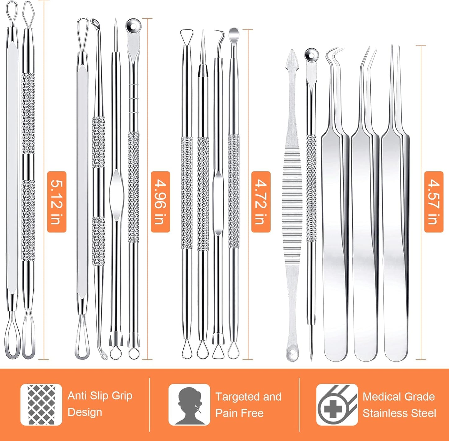 Pimple Popper Tool Kit - 15 PCS Professional Stainless Steel Blackhead Remover Set | Acne Extraction Tools in Metal Case (Silver)