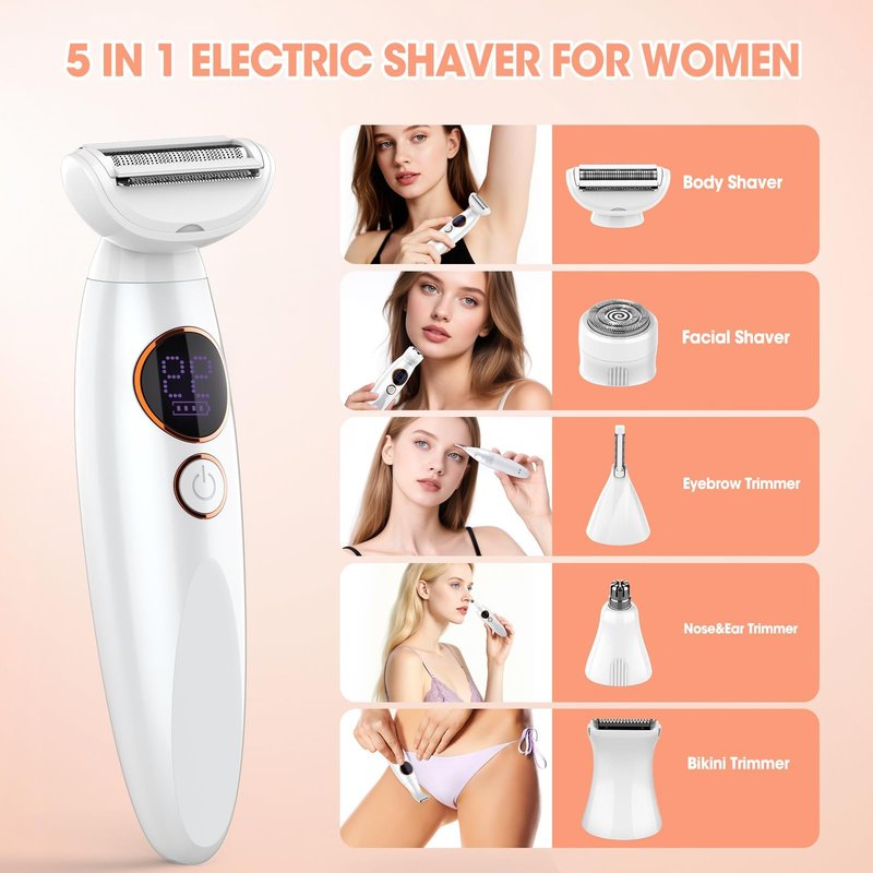 5 in 1 Bikini Trimmer for Women,IPX7 Waterproof Cordless Replaceable Pubic,Eyebrow,Facial Electric Razors&Nose Hair Trimmer&Painless Body Shaver for Arms Legs Underarms,USB Charge,LED Display,Wet&Dry