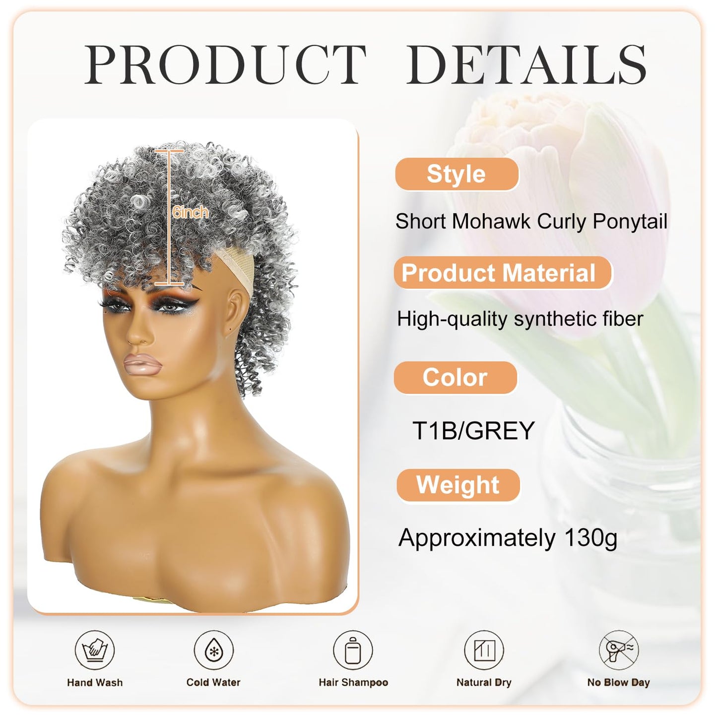 Kinky Curly Mohawk Wig - Short Grey Ponytail with Bangs | Fluffy Synthetic Clip-On Hair 1B/Grey
