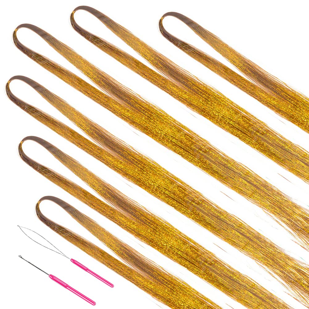 MISSUHUI Hair Tinsel with Tools 47Inch 1200 Strands Glitter Tinsel Hair Extensions Sparkling Shiny Fairy Hair Tinsel Strands Kit Heat Resistant Hair Accessories for Women Girls 6Pcs (Gold)