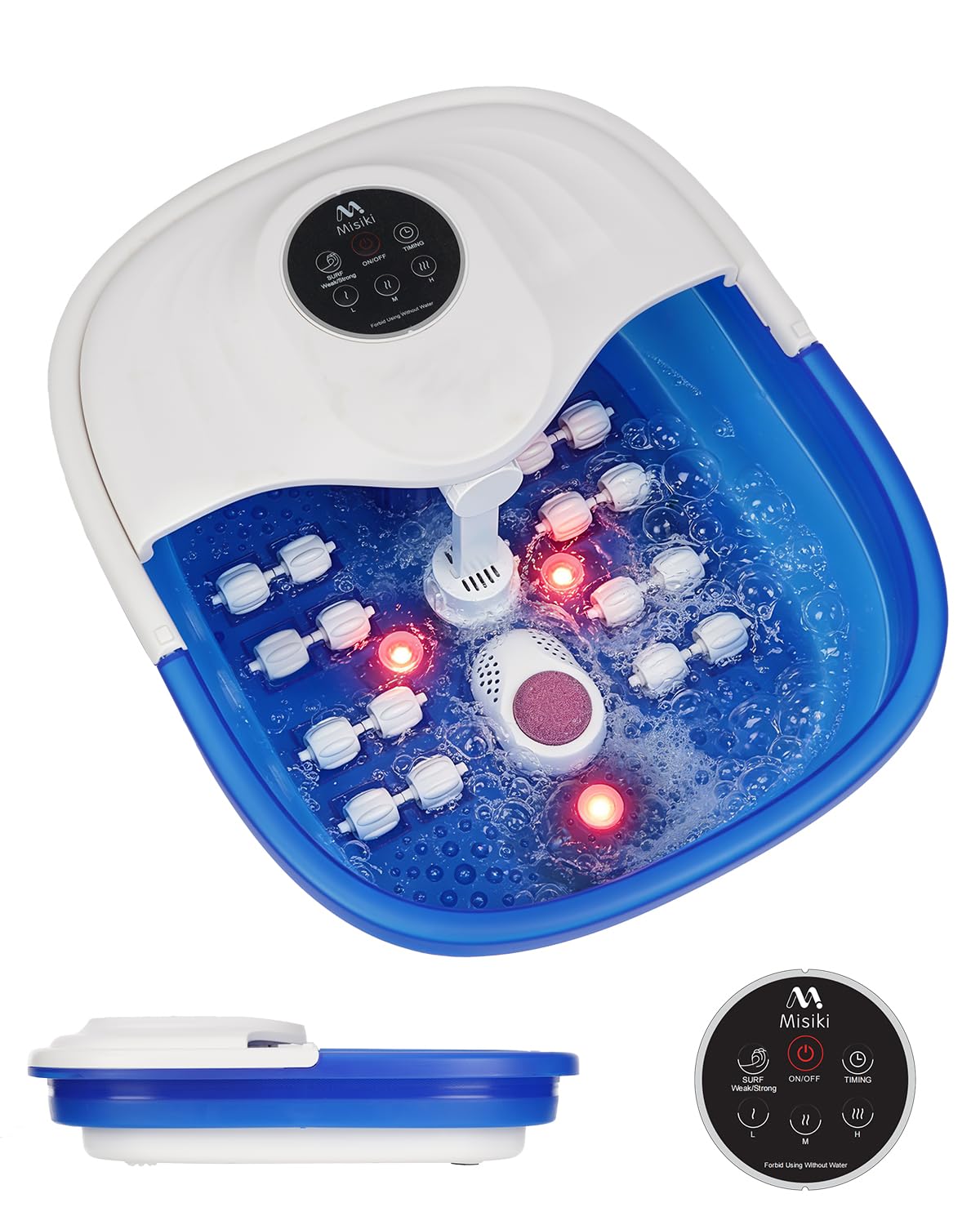 Misiki Collapsible Foot Spa Bath with Heat, Remote Control & 16 Massage Rollers, Fast Heating Pedicure Tub for Relaxing Tired Feet, Foot Soaker with Surf & Red Light, Fits Men Size 12 (Royal Blue)