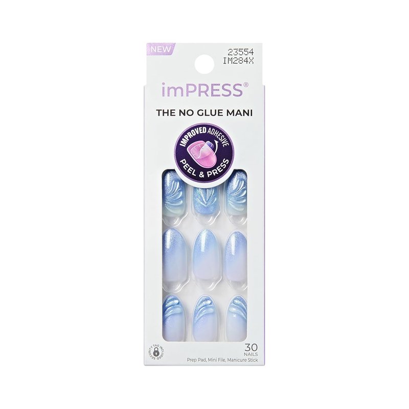 Kiss Impress No Glue Mani Press-On Nails - Ciel Blue Almond Shape | Medium Size, 30 Nails & Accessories