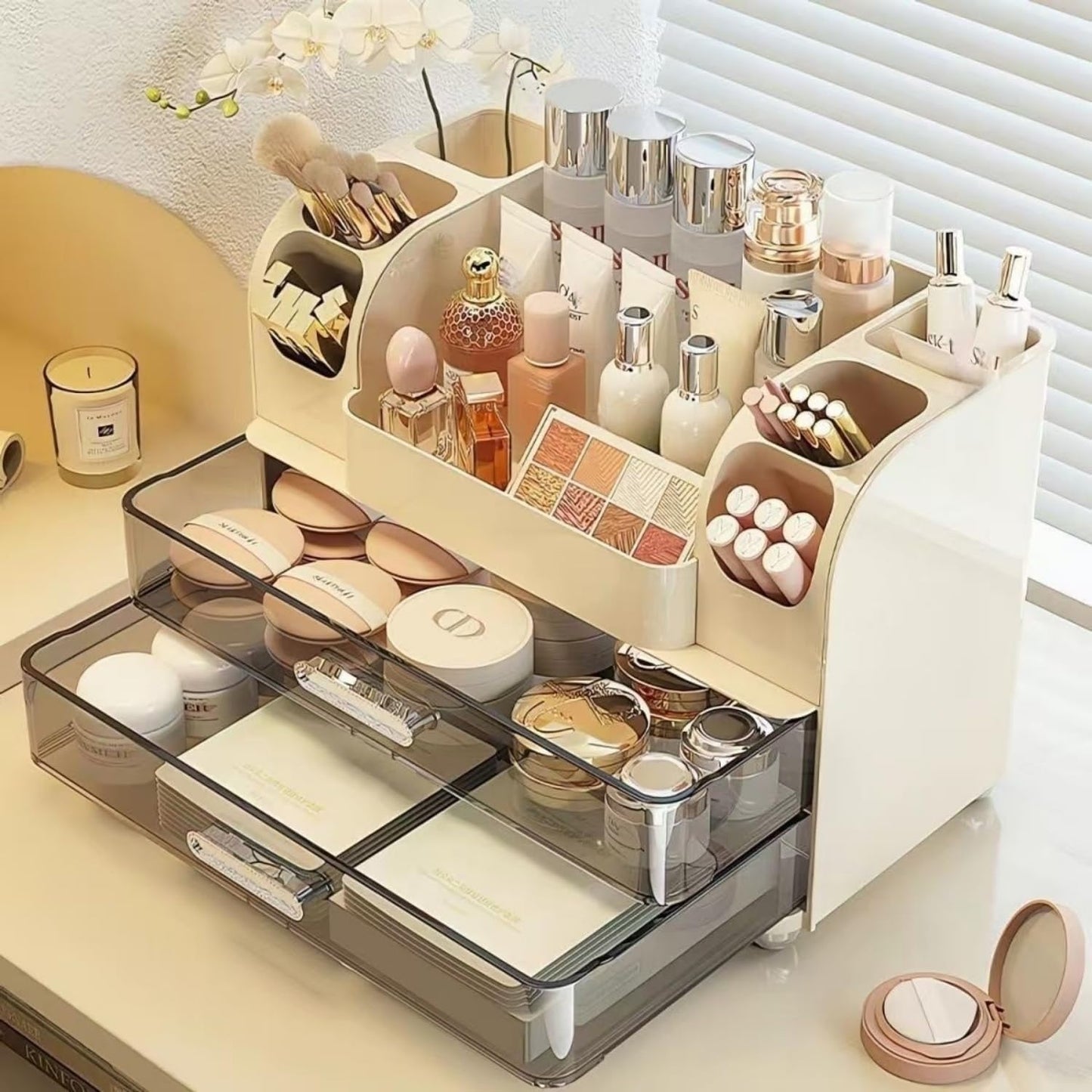 Makeup Organizer with Drawers - Vanity & Bathroom Countertop Storage for Brushes, Skincare, Lipstick | Cream Color