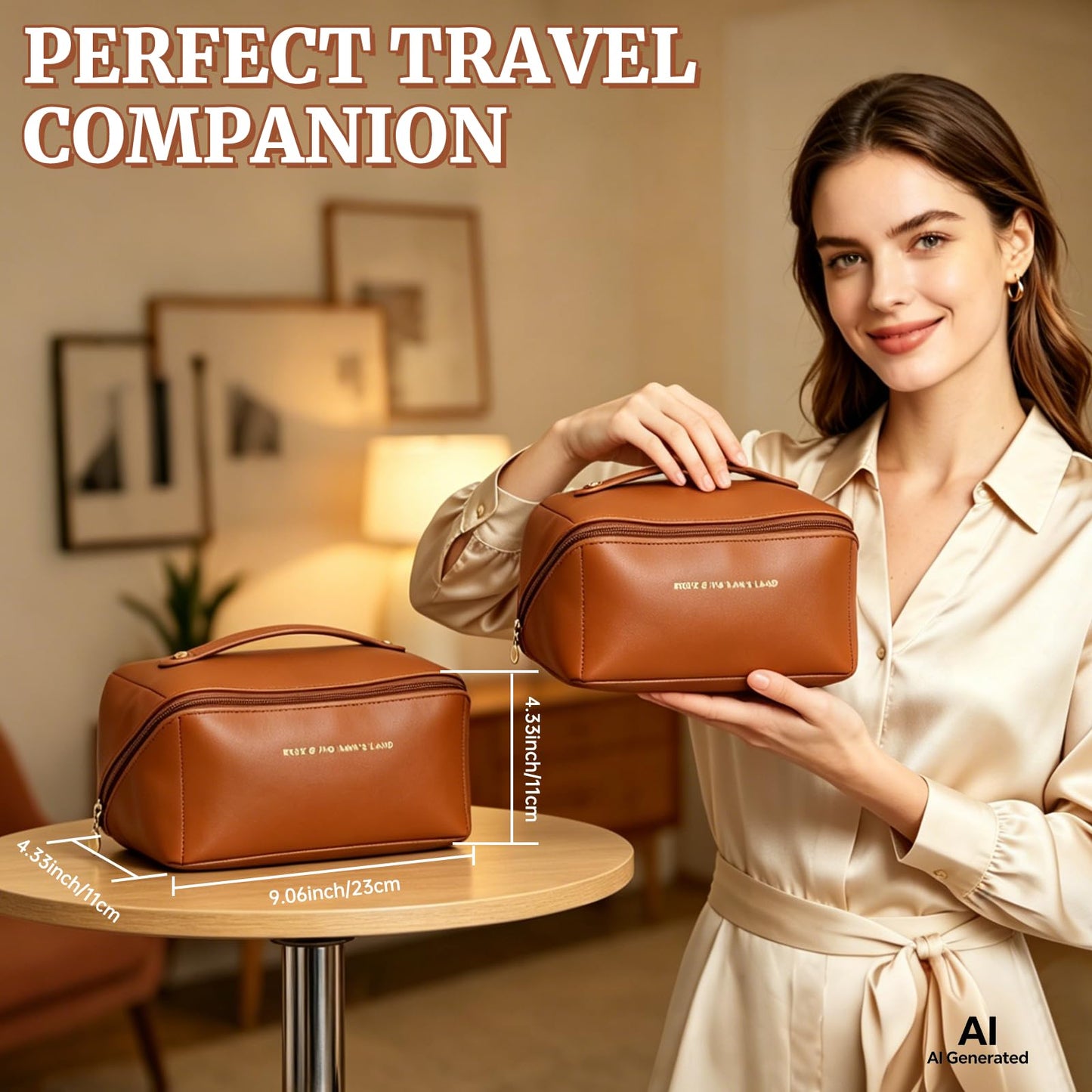 DZZ Cosmetic Travel Bag,Large Travel Cosmetic Bag for Women,Classic Brown
