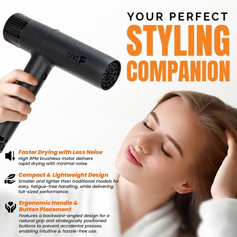 Brio Compact Hair Dryer with Digital Brushless | Lightweight Design, Blow Dryer, Perfect for Travel (Black)