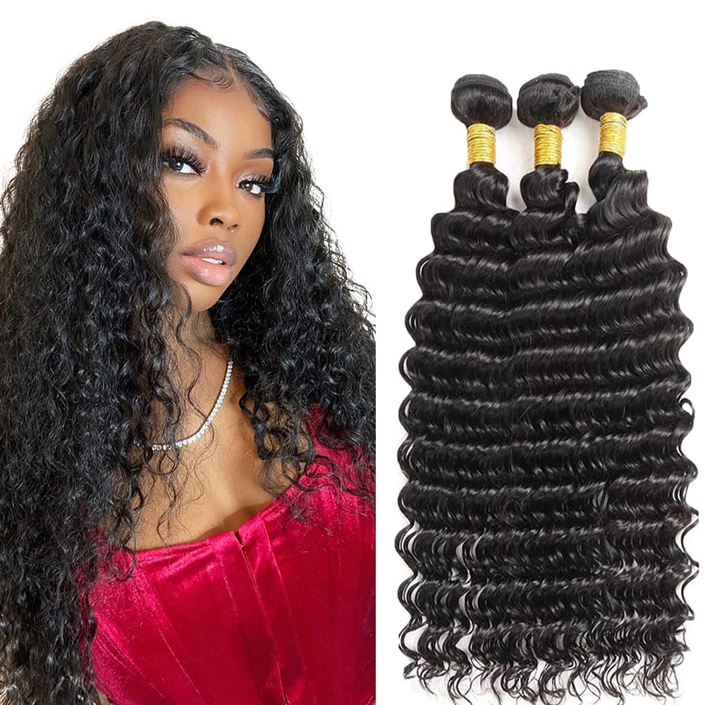Deep Wave Human Hair Bundles #1B Human Hair Bundles Wet and Wavy Bundle 18 20 22 inch Brazilian Natural Black Deep Wave Bundle