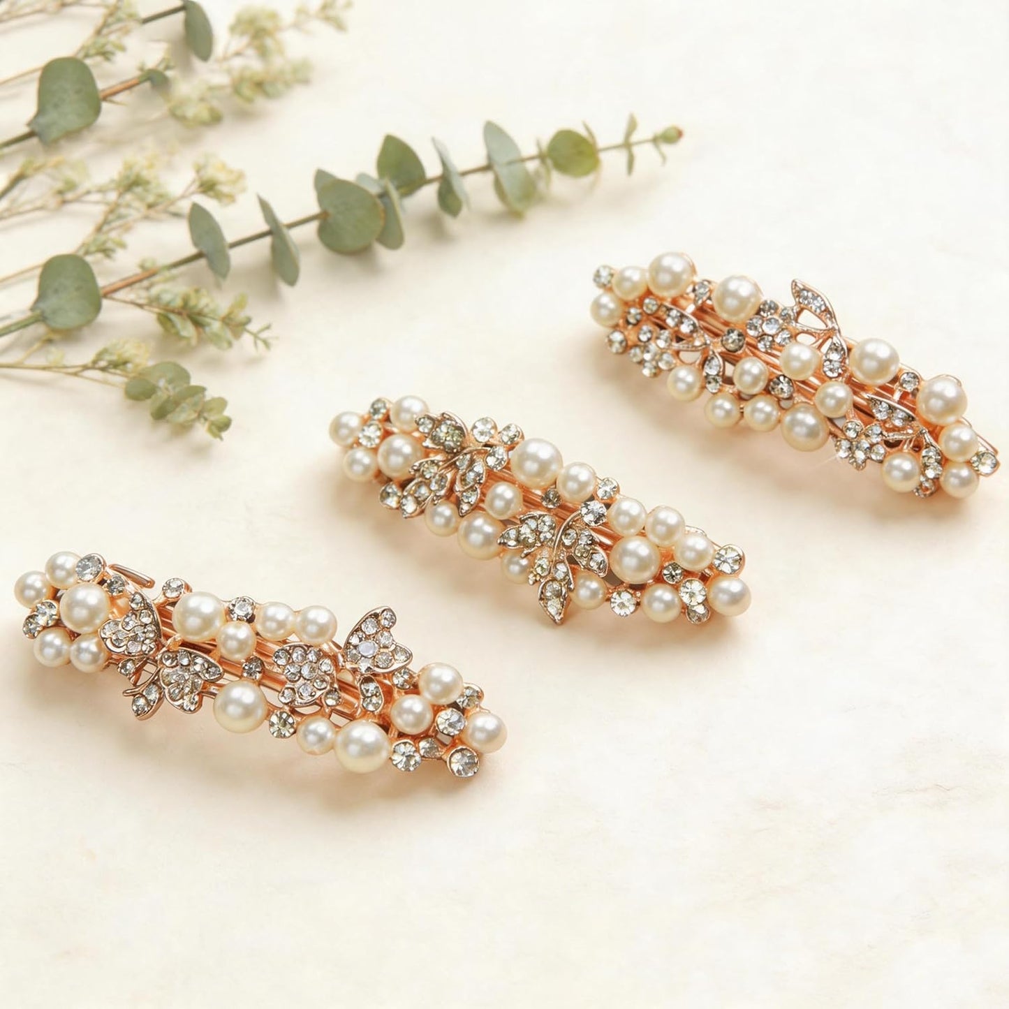 Rose Gold Pearl Hair Clips - Decorative Rhinestone Barrettes for Women | Fancy Hair Accessories for Thick & Thin Hair