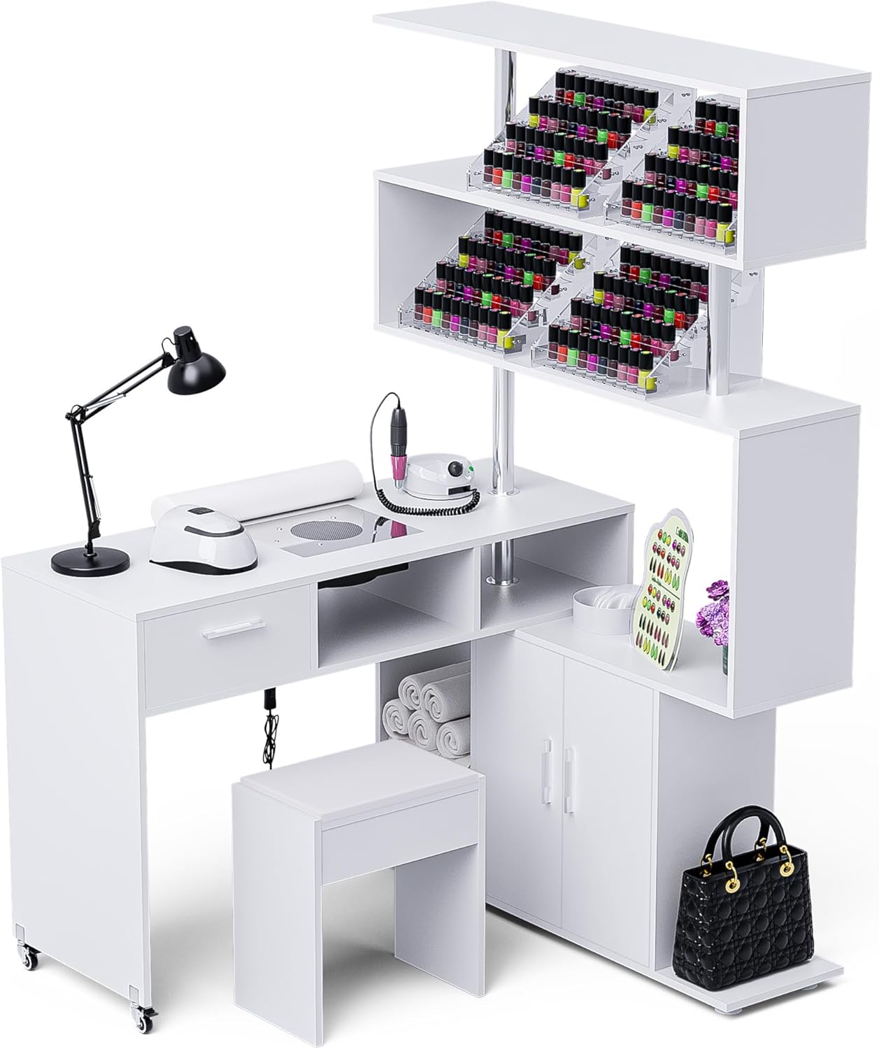 Manicure Table - L-Shaped Nail Desk with Dust Collector & Storage | Mobile Workstation in White