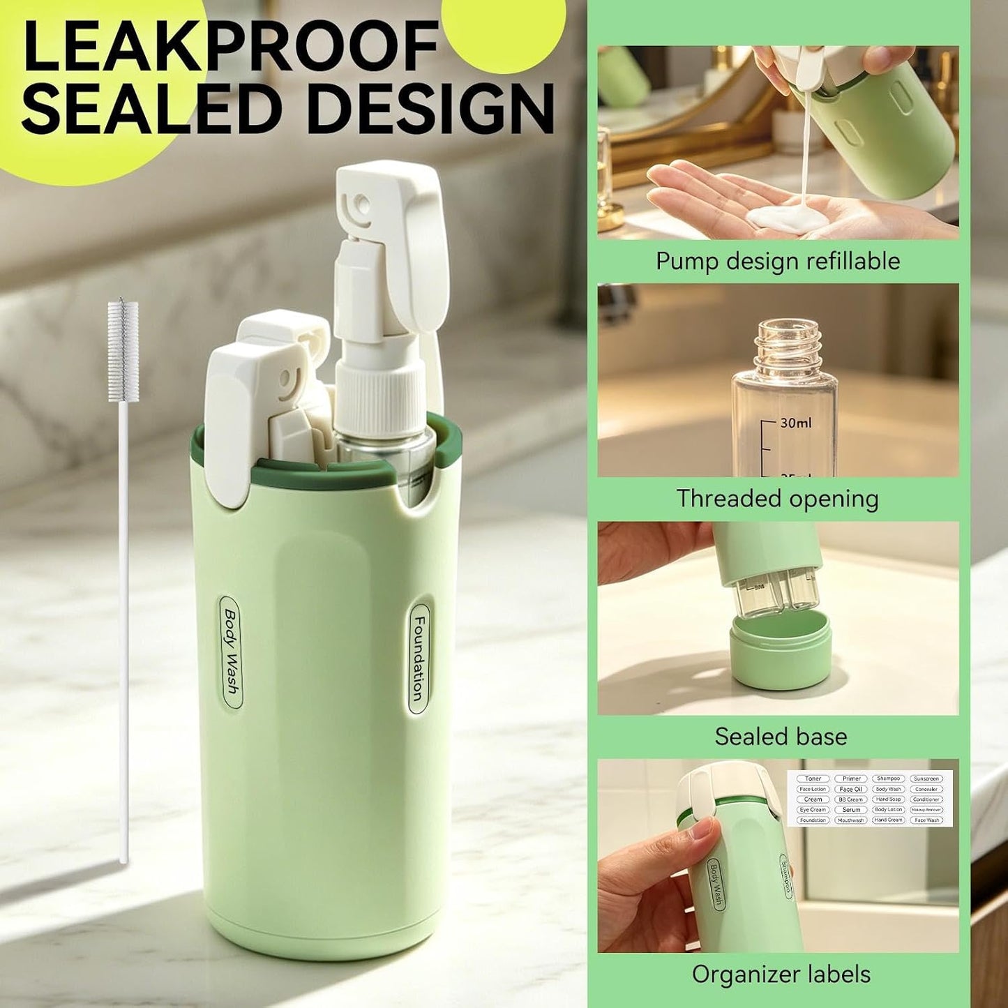 Travel Dispenser Bottles - 4 Pack 30ML Leak-Proof Toiletry Containers | Refillable Pump Bottles for Shampoo, Conditioner, Lotion