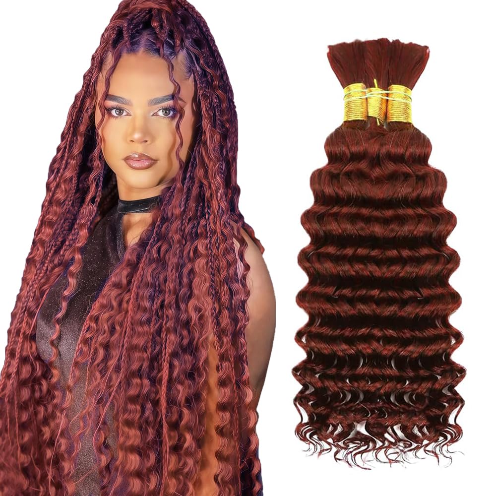 Color 33 Human Braiding Hair for Boho Braids 22 22 22 inch Reddish Brown Curly Boho Hair for Braiding Knotless 10A Deep Wave Bulk Bohemian 3 Bundles 150g