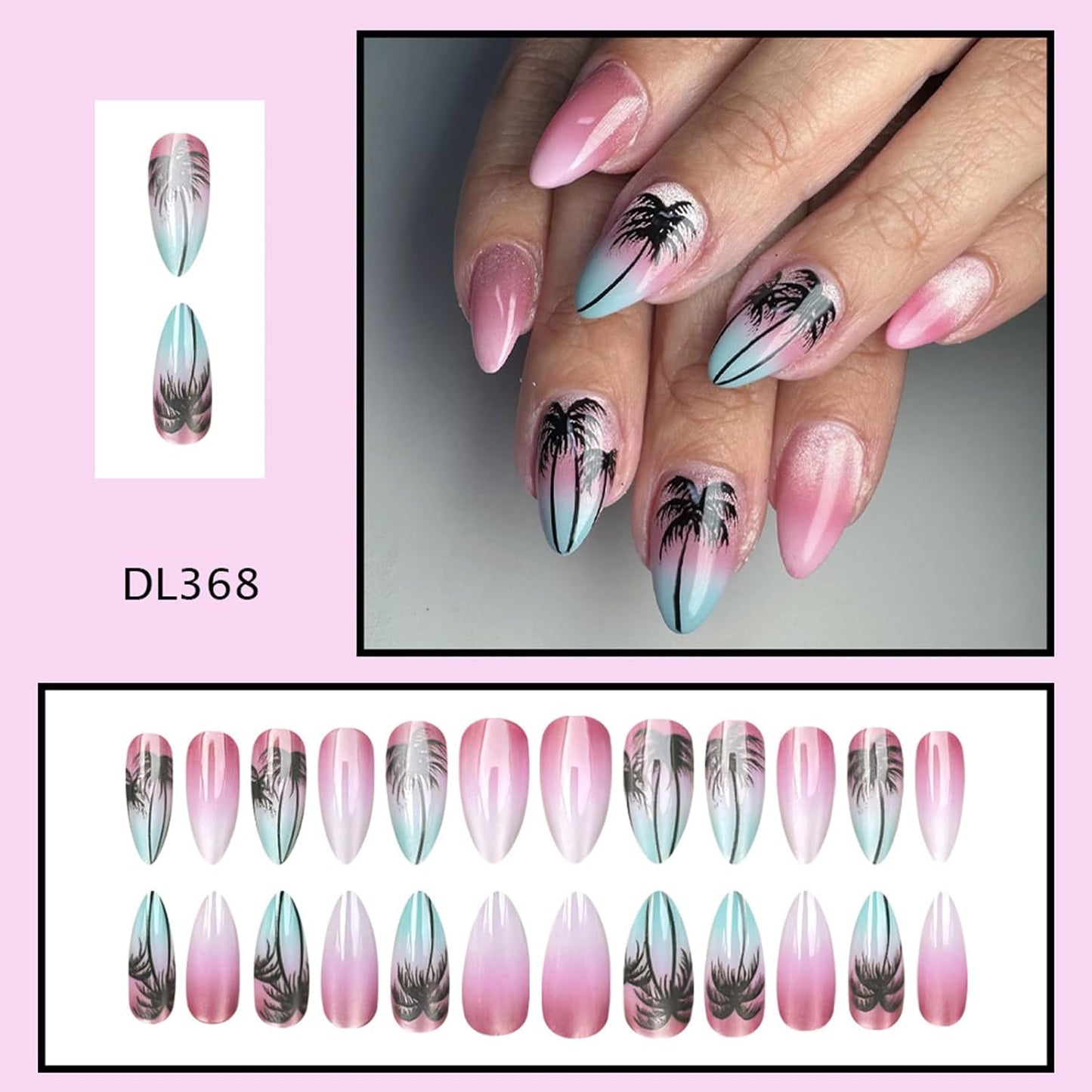 Almond Press-On Nails - Pink Coconut Tree Designs | Glossy Glitter Acrylic, 24 Pcs Reusable for Beach Vacation & Daily Wear