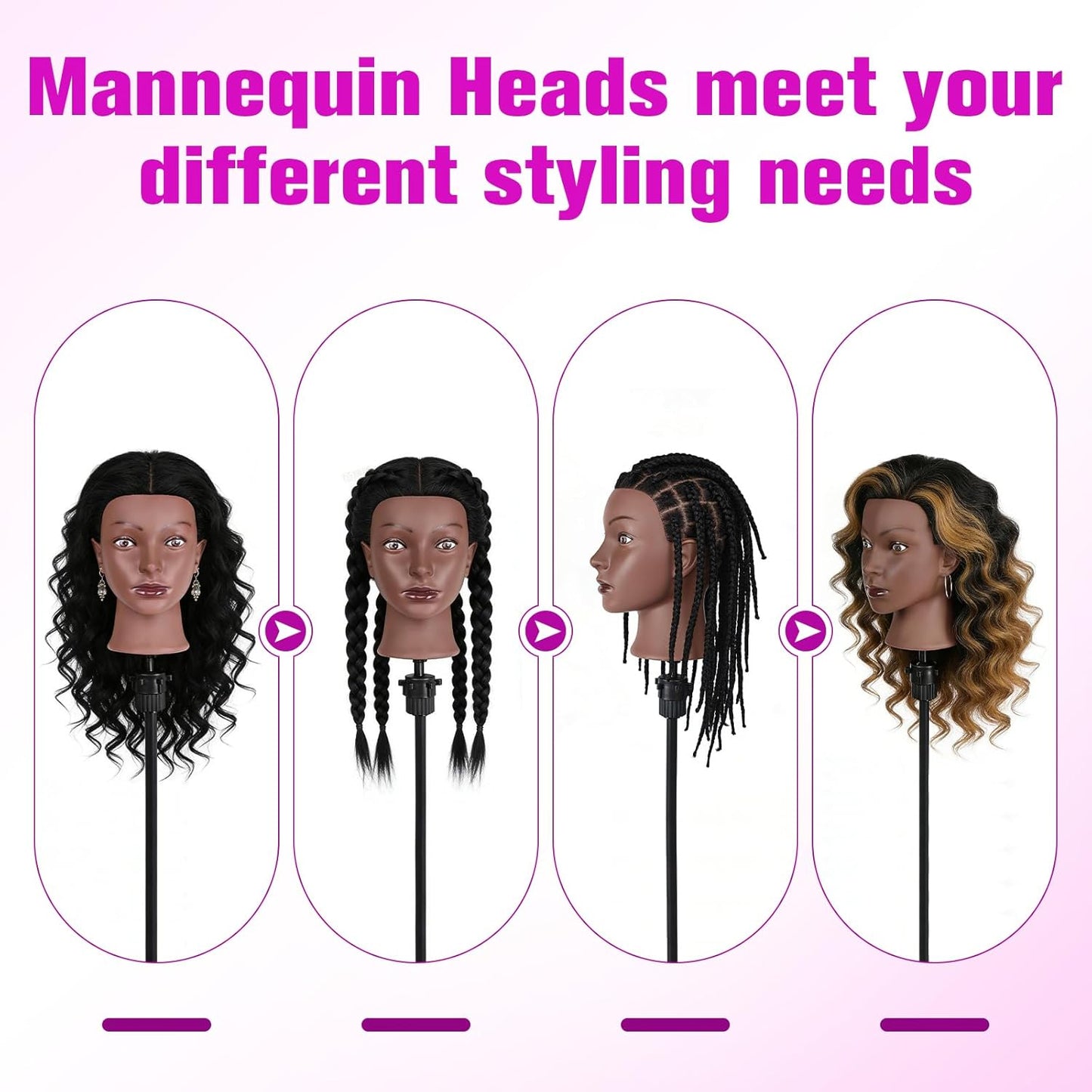 Real Hair Mannequin Head - 22'' Human Hair Cosmetology Training Doll with Clamp Holder & Tools | Black