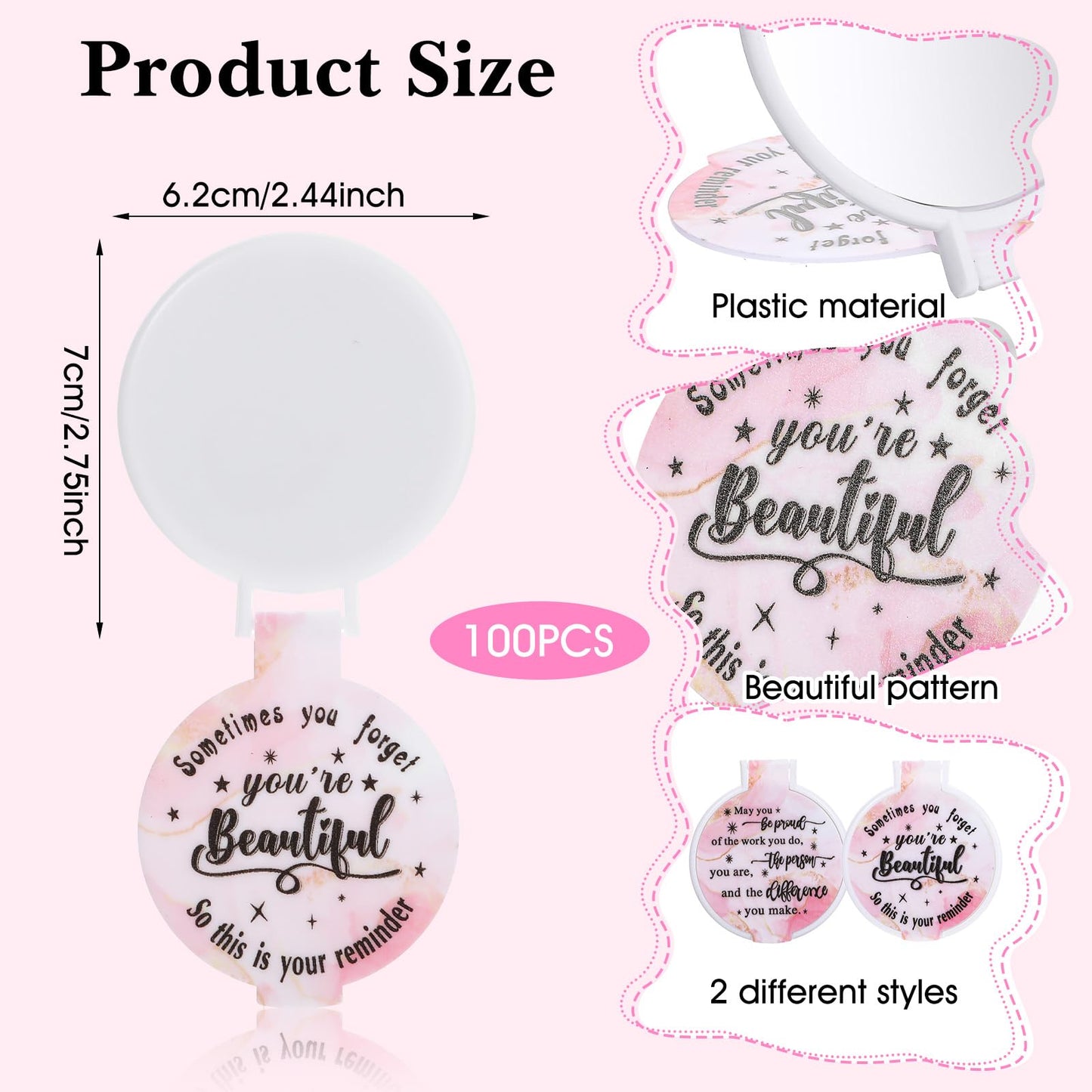 100pcs Light Pink Compact Mirror Bulk Gifts for Women, Mini Inspirational Purse Handheld Makeup Pocket Mirror, Round Portable Makeup Folding Mirrors Gift for Christmas Valentine Daily Travel Coworker