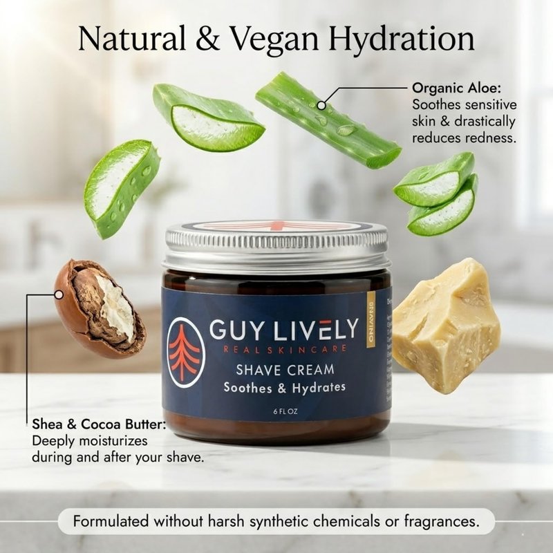 Guy Lively Men’s Natural Shaving Cream, Unscented Non‑Foaming Shaving Cream for Sensitive Skin with Organic Aloe, Shea & Cocoa Butter, Vegan Formula Reduces Razor Burn & Irritation, 6 oz, Made in USA