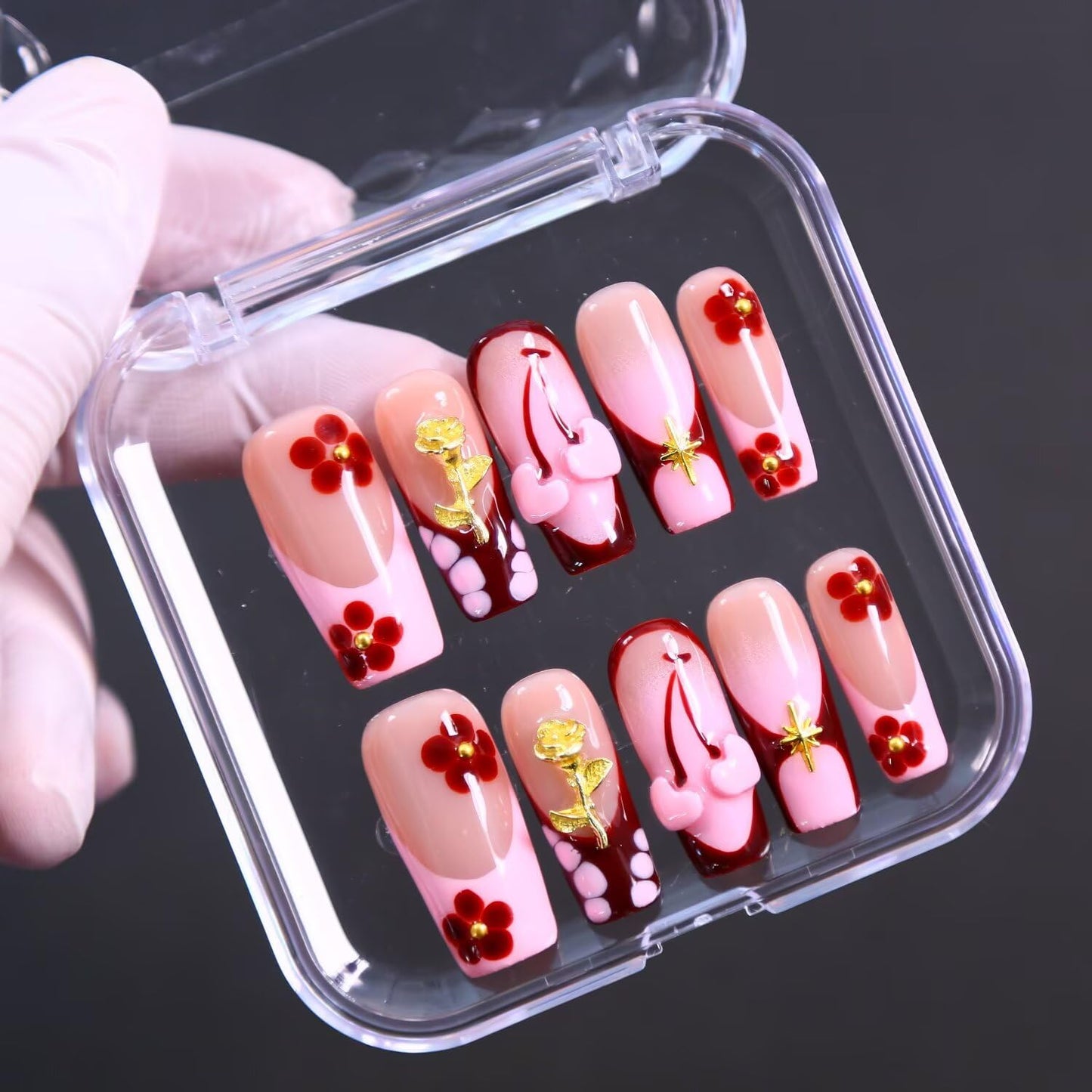 Press On Almond Nails - Handmade 3D Design, Thick Acrylic Gel | Reusable DIY Artificial Nails for Women (10 Pieces)