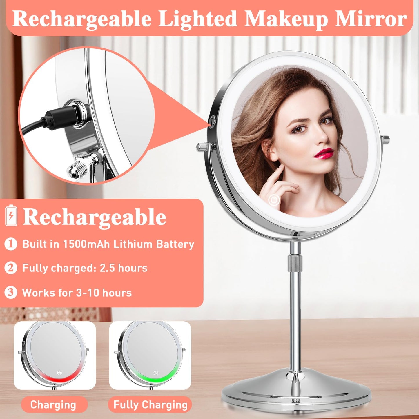 KuMers Lighted Makeup Mirror with Magnification, 10X 8’’Rechargeable Double Sided Vanity Mirror with Lights Magnifying Makeup Mirror with 3 Color Light with 360° Rotation, Detachable Base