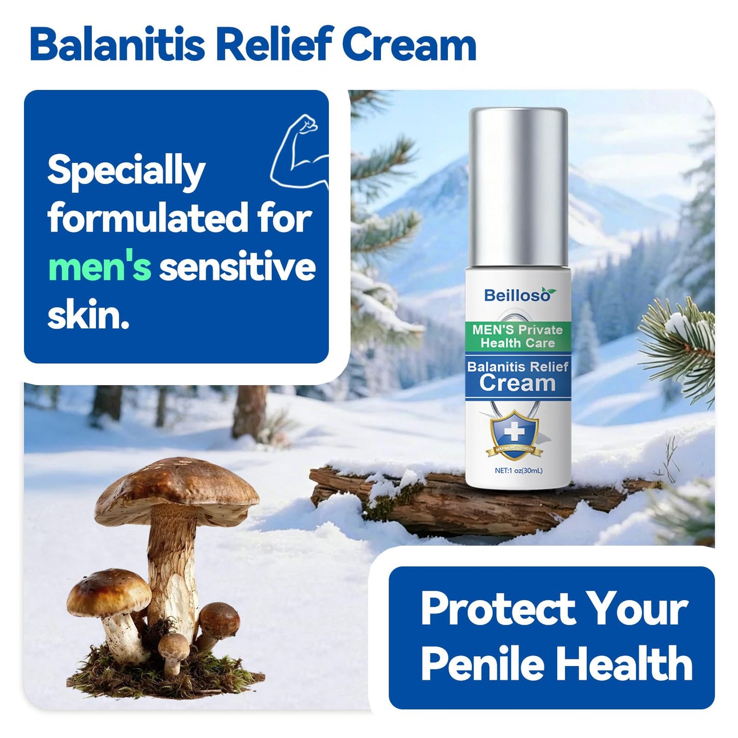 Beilloso Balanitis Treatment for Men, Miconazole Antifungal Cream， Effectively Relieves Jock Itch, Redness, Dryness, Irritation - Balanitis Gentle Care Cream（1oz）