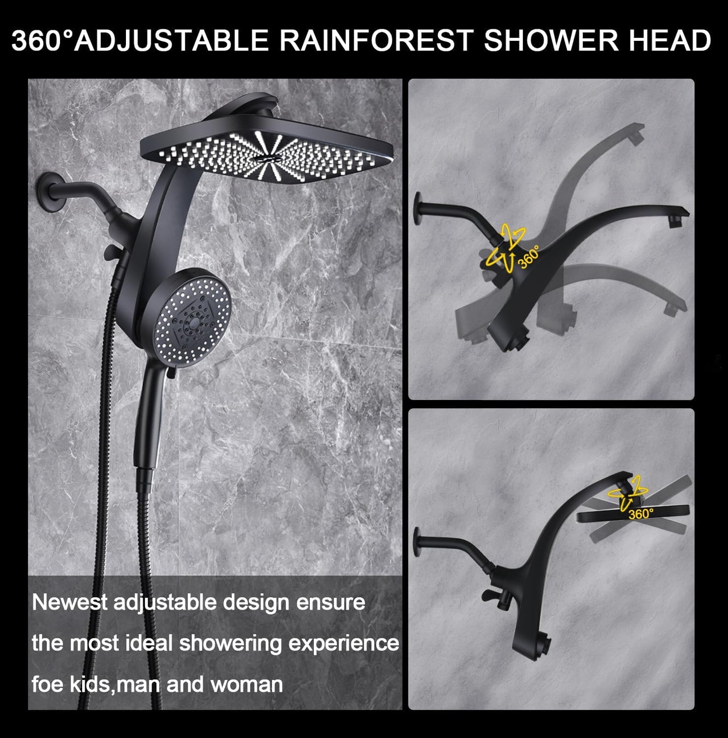 Rain Shower Head with Handheld - High Pressure 12" Rainfall & 9 Spray Options | Magnetic Docking, Black