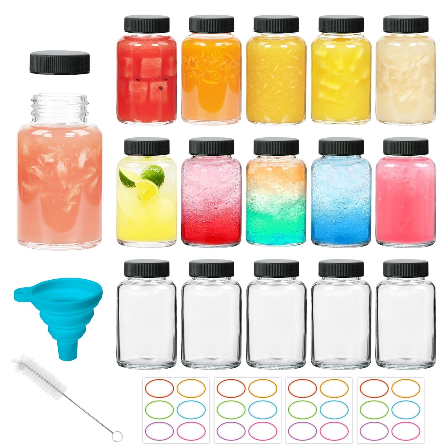 CAKKVDE 16 Pack 4 oz Glass Ginger Shots Bottles with Black Caps