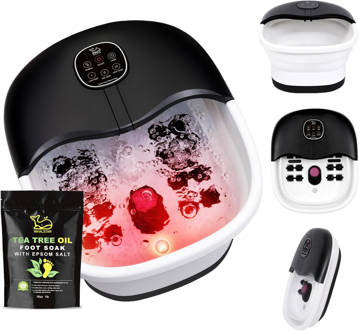 Collapsible Foot Spa Bath Massager - Heated Vibration & Bubbles | 16oz Tea Tree Oil Foot Soak & Epsom Salt - Black