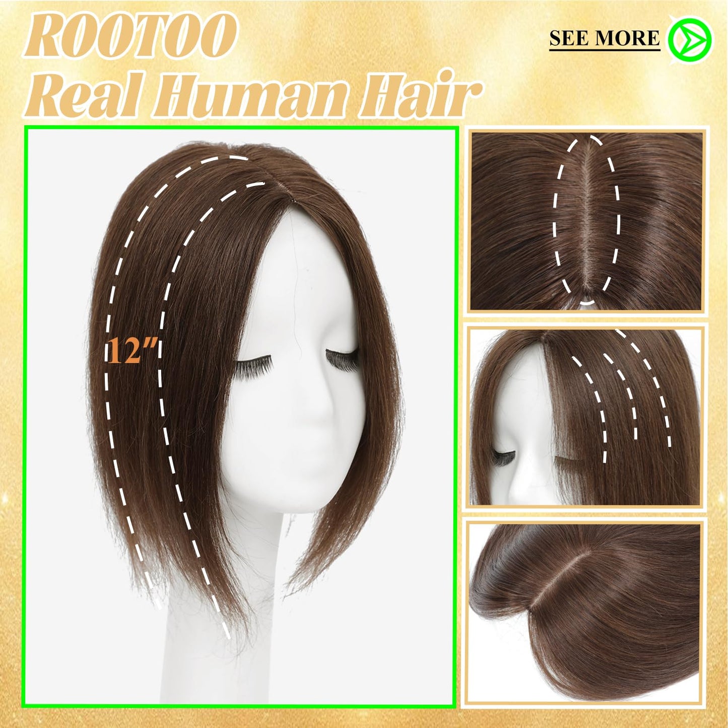 Rootoo Hair Toppers for Women Real Human Hair, 14 Inch Realistic Biological Scalp Topper Hair Pieces for Women with Thinning Hair, Clip in Curtain Bangs Big Base 360° Cover (Mocha Brown, 12 Inch)