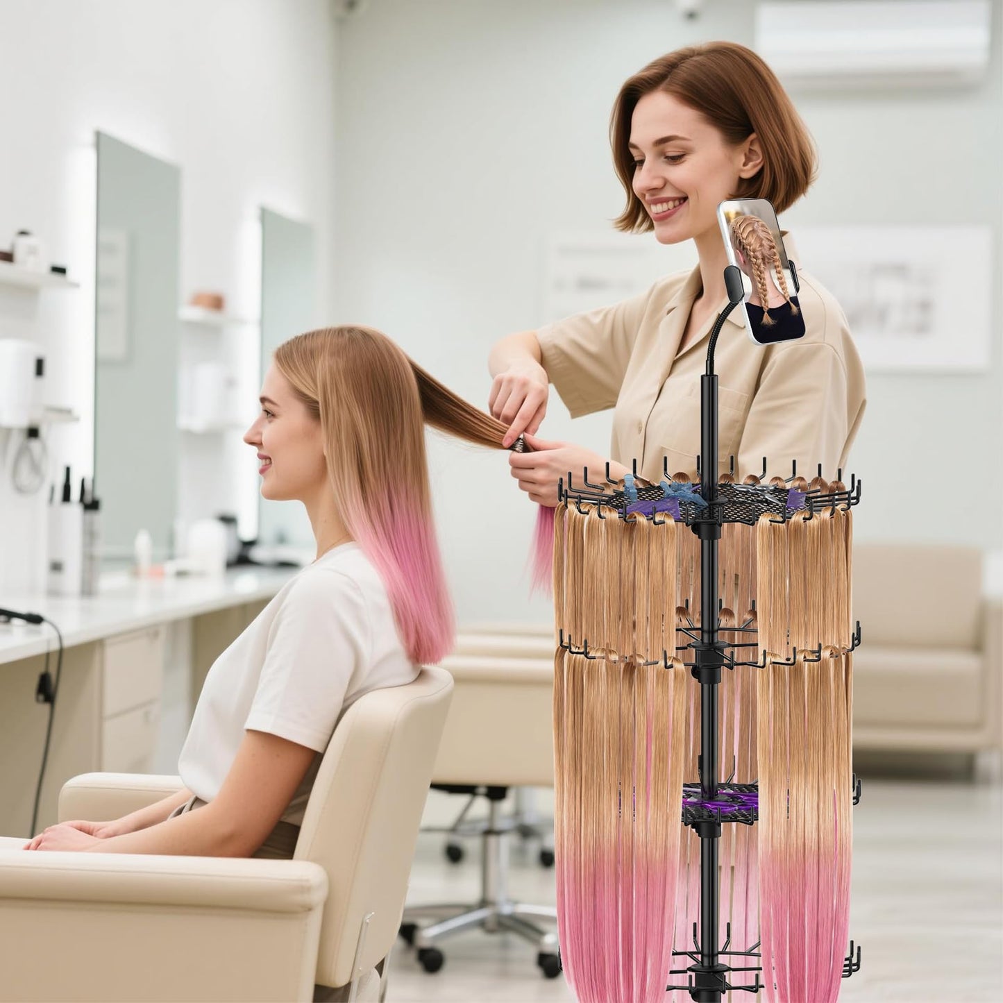 Braiding Hair Rack - Hair Racks for Braiders Standing With Tray and Wheels,140 Pegs Divider Stand & With Phone Holder Adjustable Rotation Hair Stand for Hair Stylist / Salon / Home User (Black)