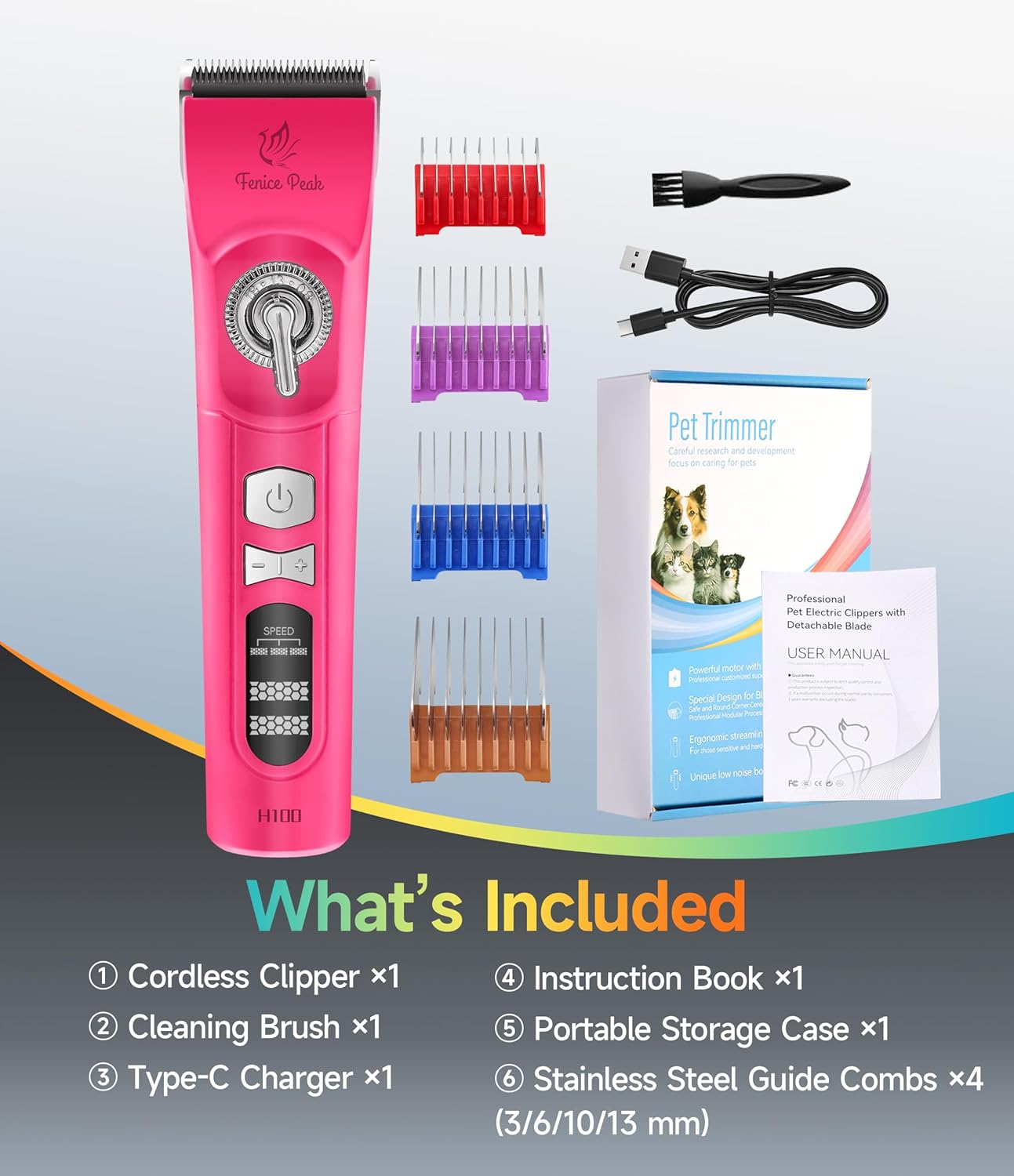 Cordless Dog Grooming Clippers - 12-Hour Runtime, 3-Speed Quiet Electric Trimmer for Thick & Curly Coats | Pink