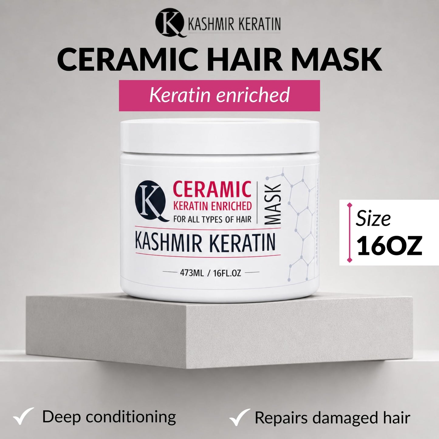 Kashmir Keratin Ceramic Hair Mask (16 oz), Advanced Keratin Deep Conditioning Repair Treatment for Dry, Damaged & Treated Hair, Sulfate & Paraben Free Hydrating Mask for Smooth, Soft & Shiny Hair