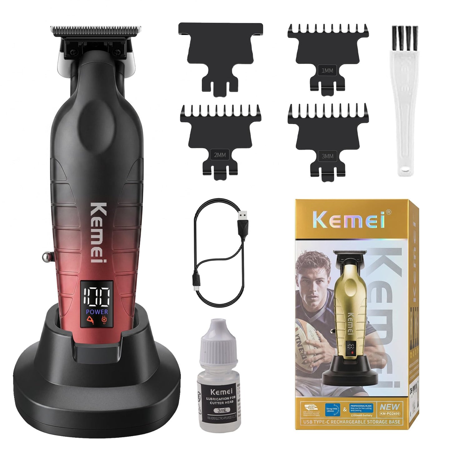 KEMEI Hair/Beard Trimmer for Men, Cordless Professional Hair Clippers for Hair Cutting with LED Display, T-Blade Barber Clippers with Charging Base, KM-PG2499 Black