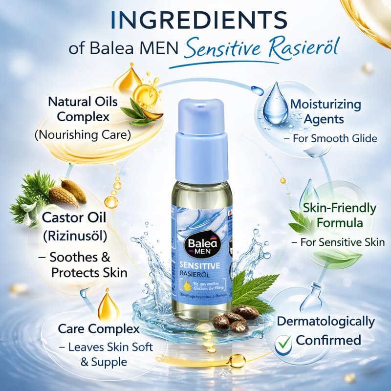 Balea MEN Sensitive Shaving Oil for Men Beard & Contour Natural Oil Complex with Castor Oil Soothes & Protects Sensitive Skin Smooth Glide Formula 50 ml