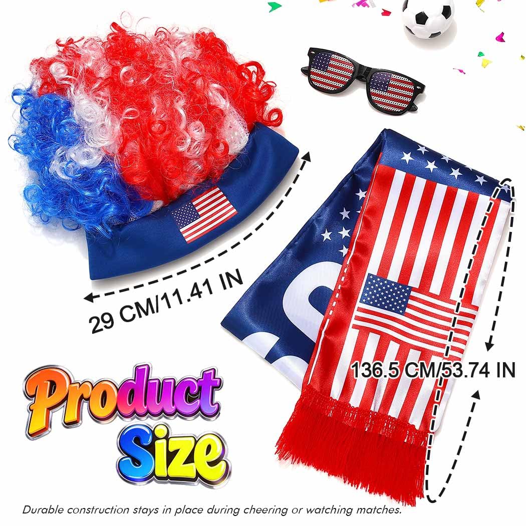 BODIY Soccer Sport Match Flag Head Accessories Football Fans Wig Flags Scarf Game Day Glasses for Men and Women (America)