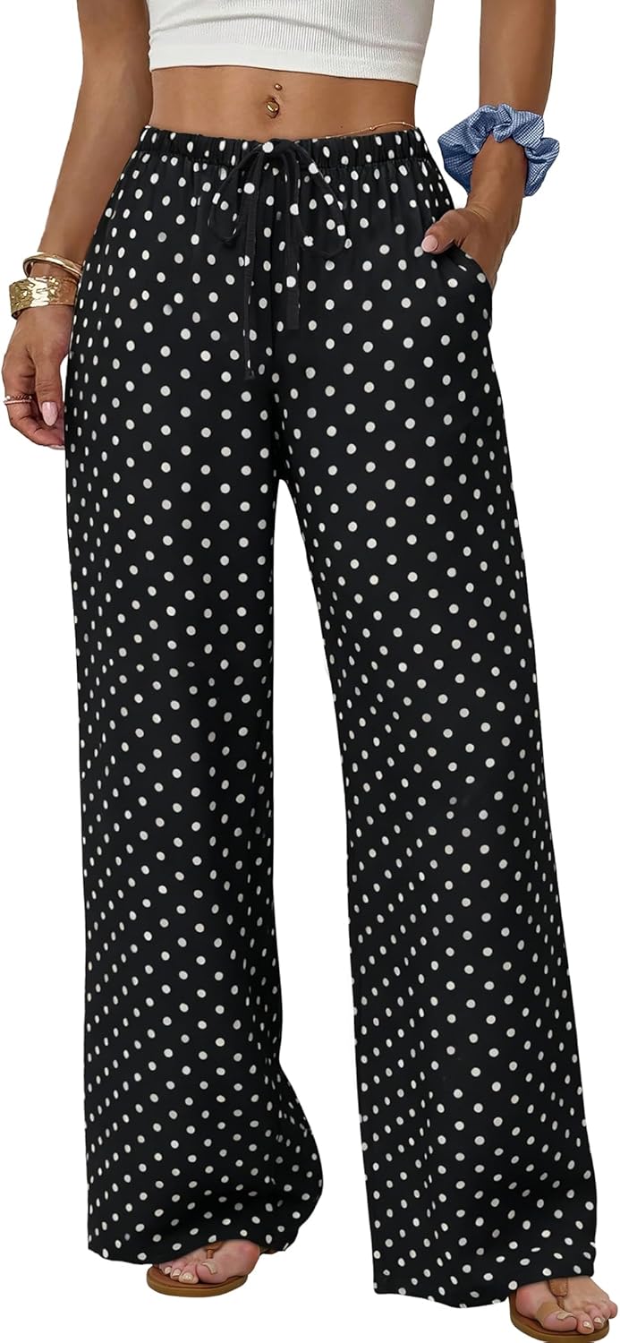 Wide Leg Pants for Women - Flowy Palazzo Trousers with Drawstring & Pockets | Summer Beach Vacation Wear