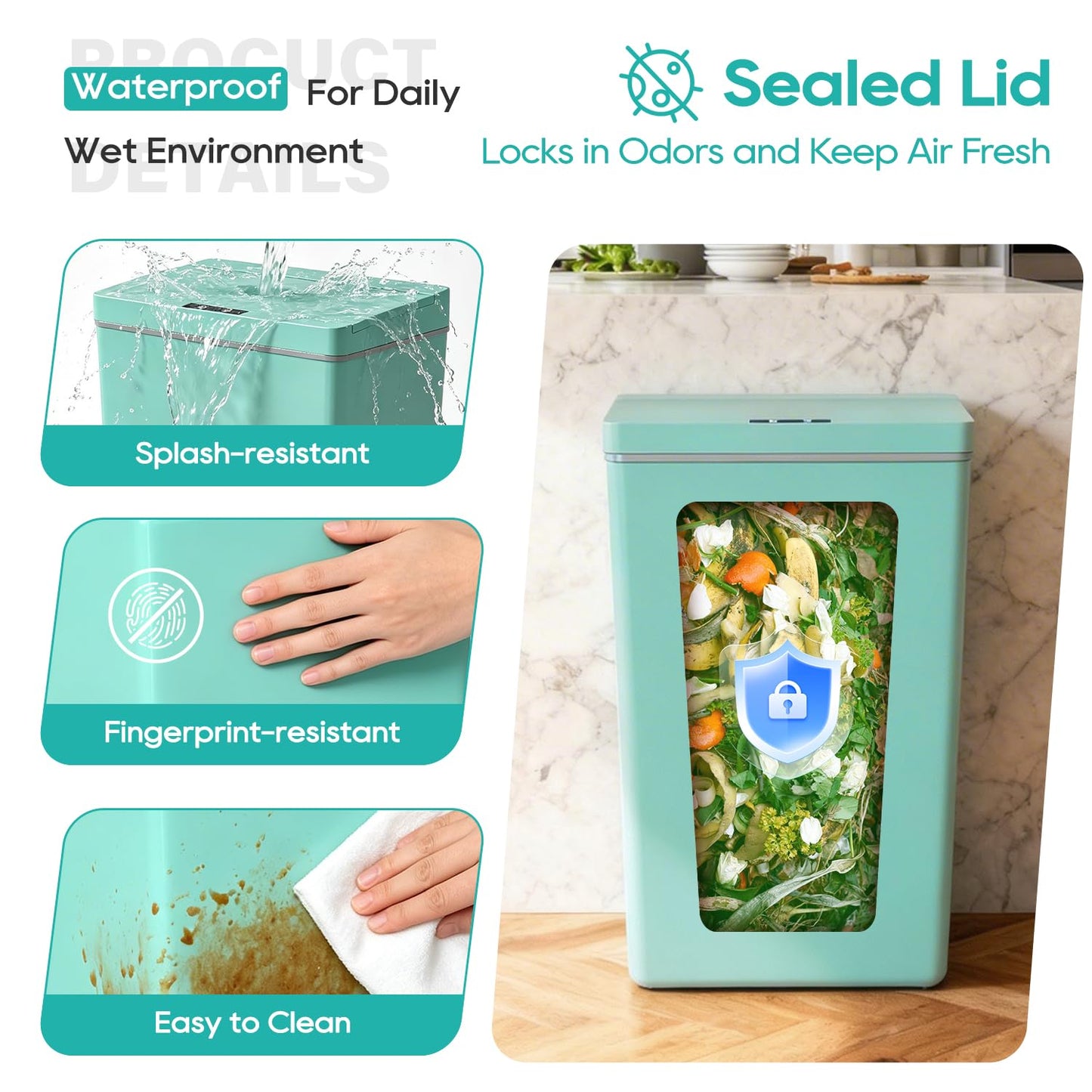 BestOffice 13 Gallon Touch-Free Trash Can - High-Capacity Plastic Garbage Bin for Kitchen, Bathroom, Home Office | Blue