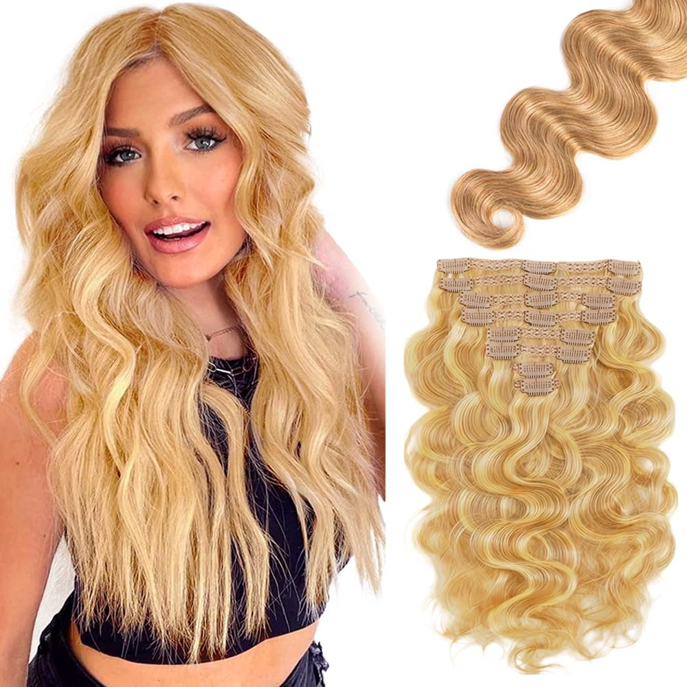 P27613 Blonde Clip in Hair Extensions Real Human Hair, 16 Inch 120g/7Pcs,Full Shine Remy Human Hair,Honey Blonde Body Wave Clip ins Brazilian Virgin Human Hair Extensions