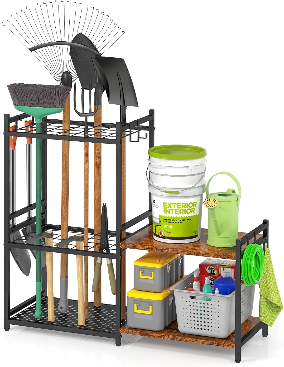 Garage Tool Organizer - 2-Tier Wooden Shelves & 6 Hooks | Heavy-Duty Steel Rack for 35 Long Handled Tools - Black