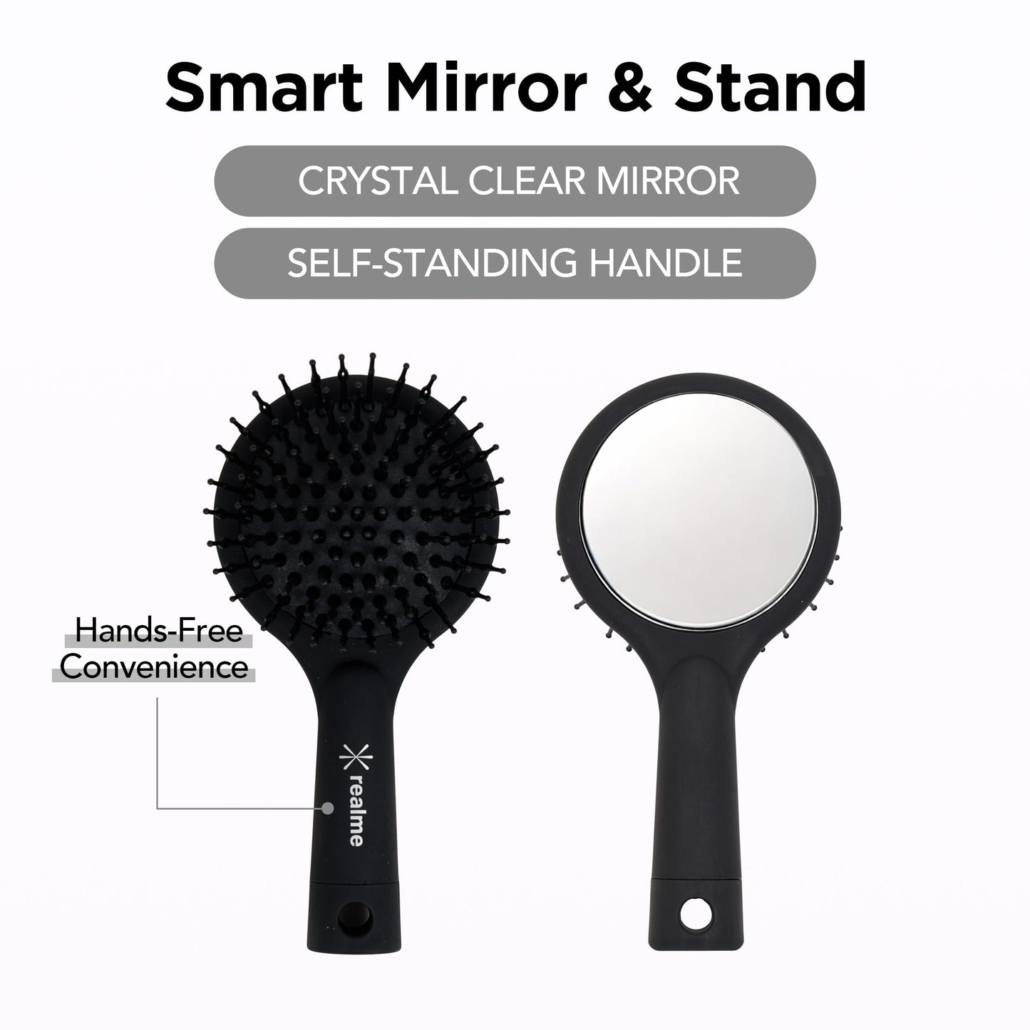 REALME Anti-Static Round Hair Brush with Pocket Mirror, Compact Travel Detangling Brush for Frizz Control, Flexible Bristles for Fine to Thick Hair, Made in Korea