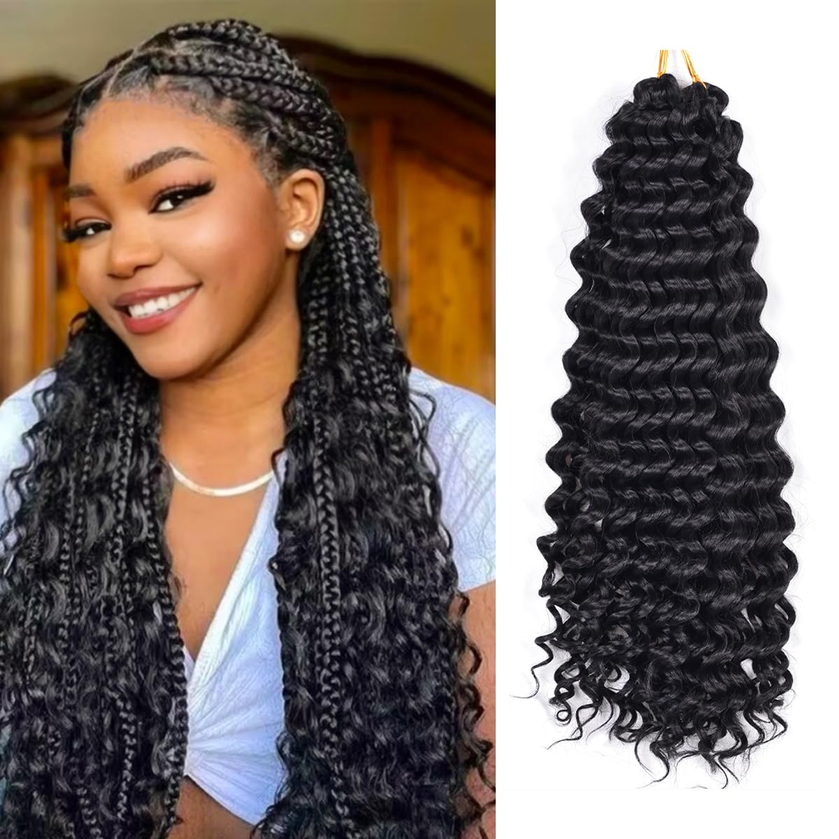 Ocean Wave Crochet Hair Extensions - Deep Wave Synthetic Braiding Hair for Women | 24 Inch, #1B (Pack of 2)