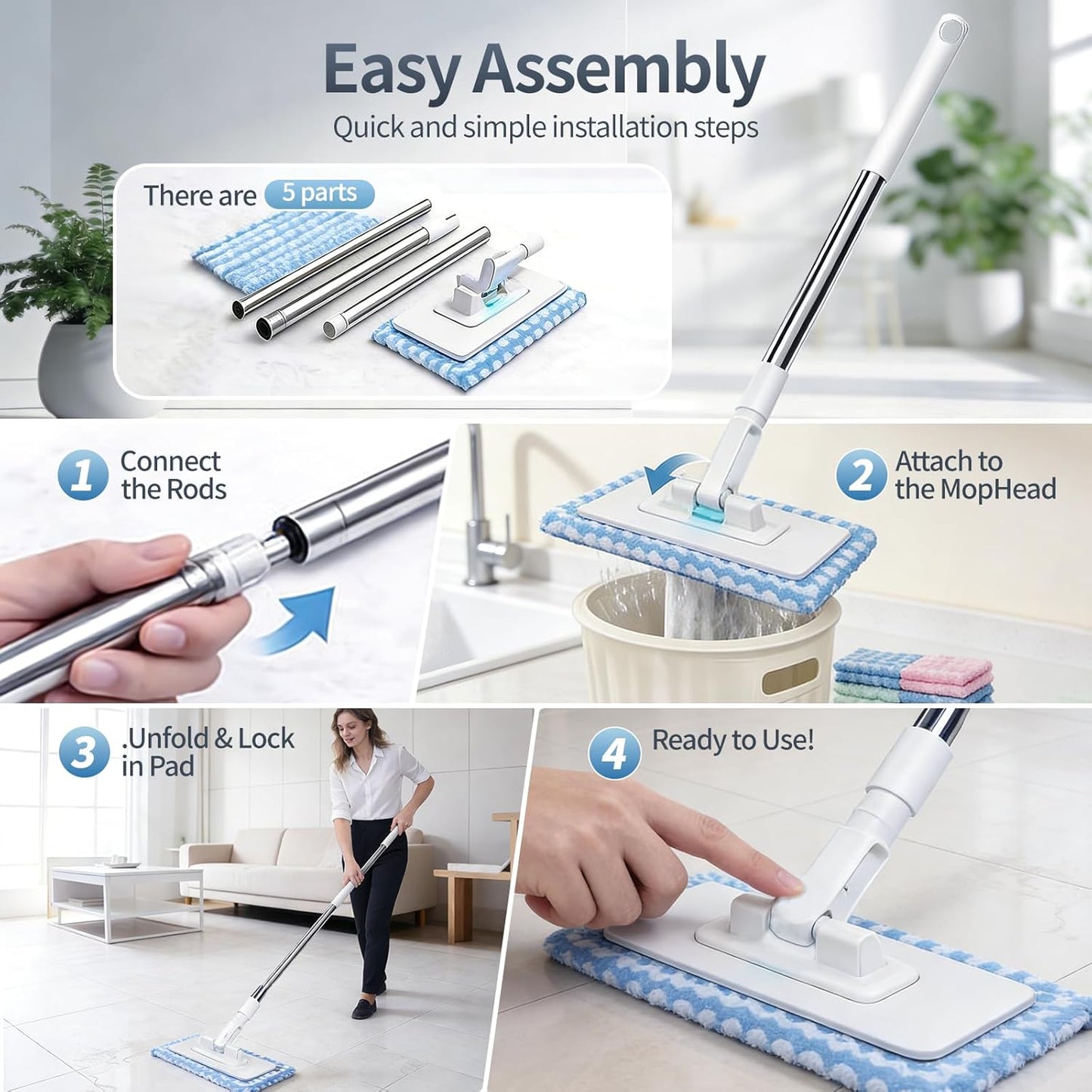 Hands-Free Flat Mop - Automatic Gripping & Self-Squeeze | Easy Cleaning Set with 5 Reusable Cloths