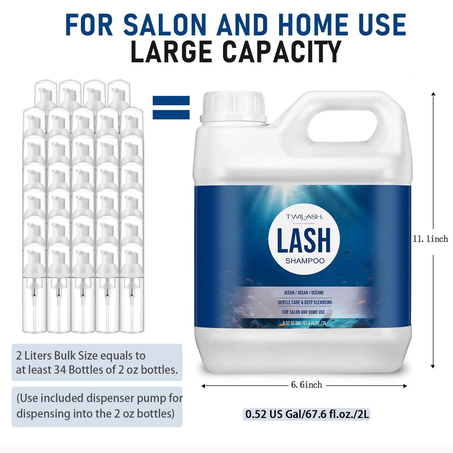 TWILASH BY DLY Lash Shampoo Bulk, Eyelash Cleanser for Extensions 2 Liters, Safe Makeup Remover, Non-irritating or Burning Eyelid Foaming Cleanser for Professional Salon and Home Use (Ocean-2L)