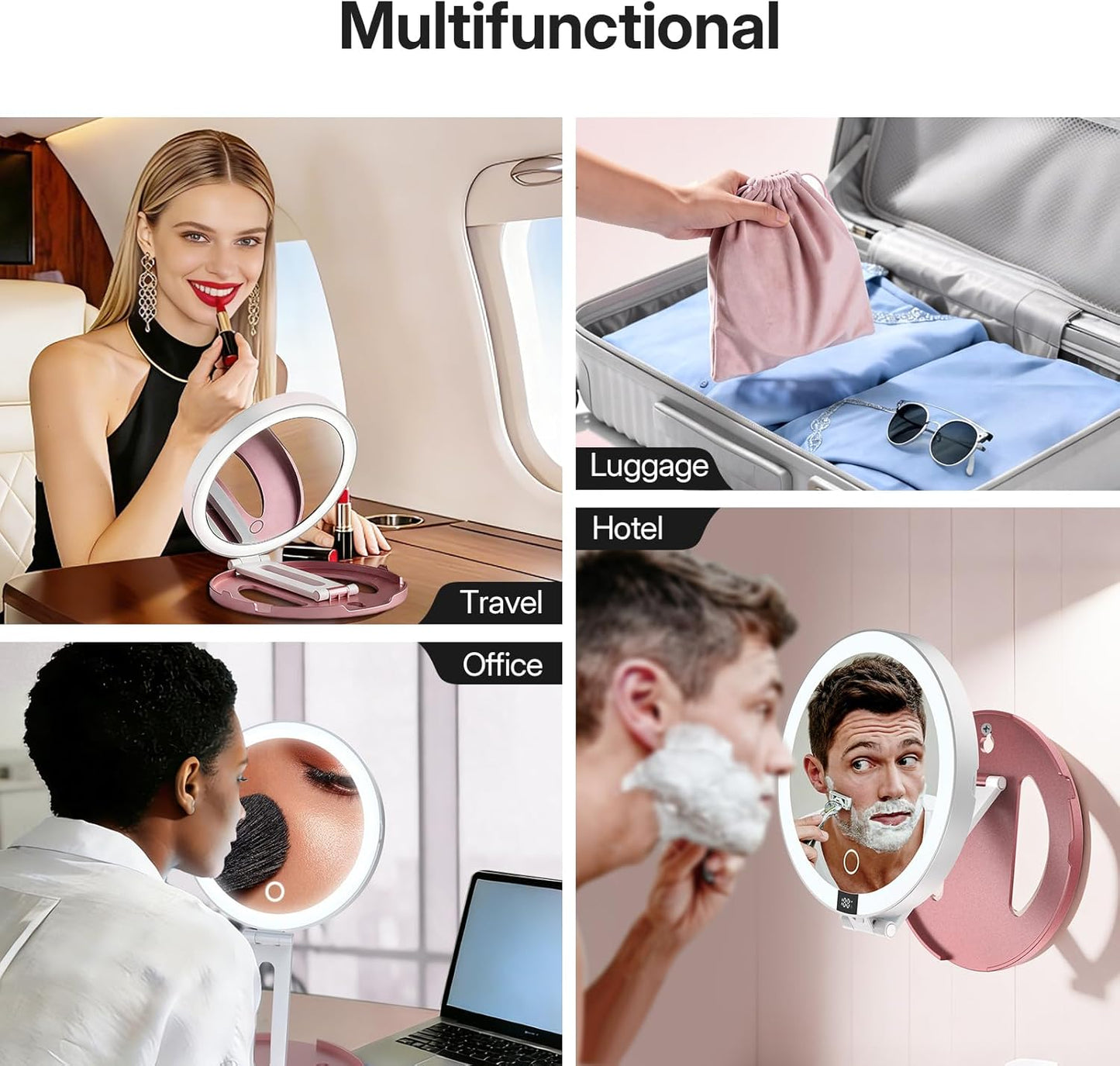 Travel Mirror with Lights - Foldable Double-Sided 10X/1X Magnifying | Rechargeable & Portable Lighted Makeup Mirror with Dimmable Touch Screen