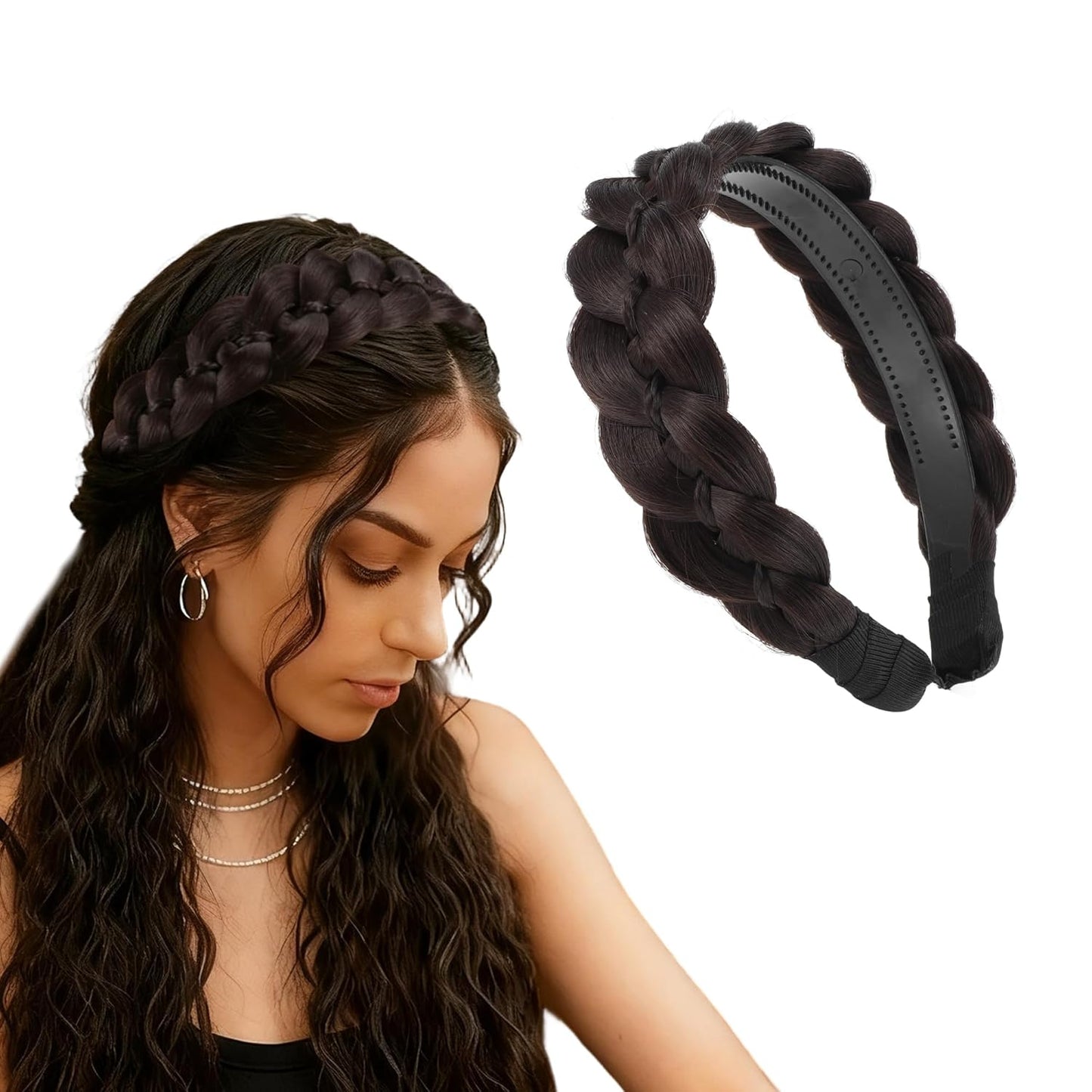 Braided Hairpiece Headband - Synthetic Wide Hair Band for Versatile Styles | Brown