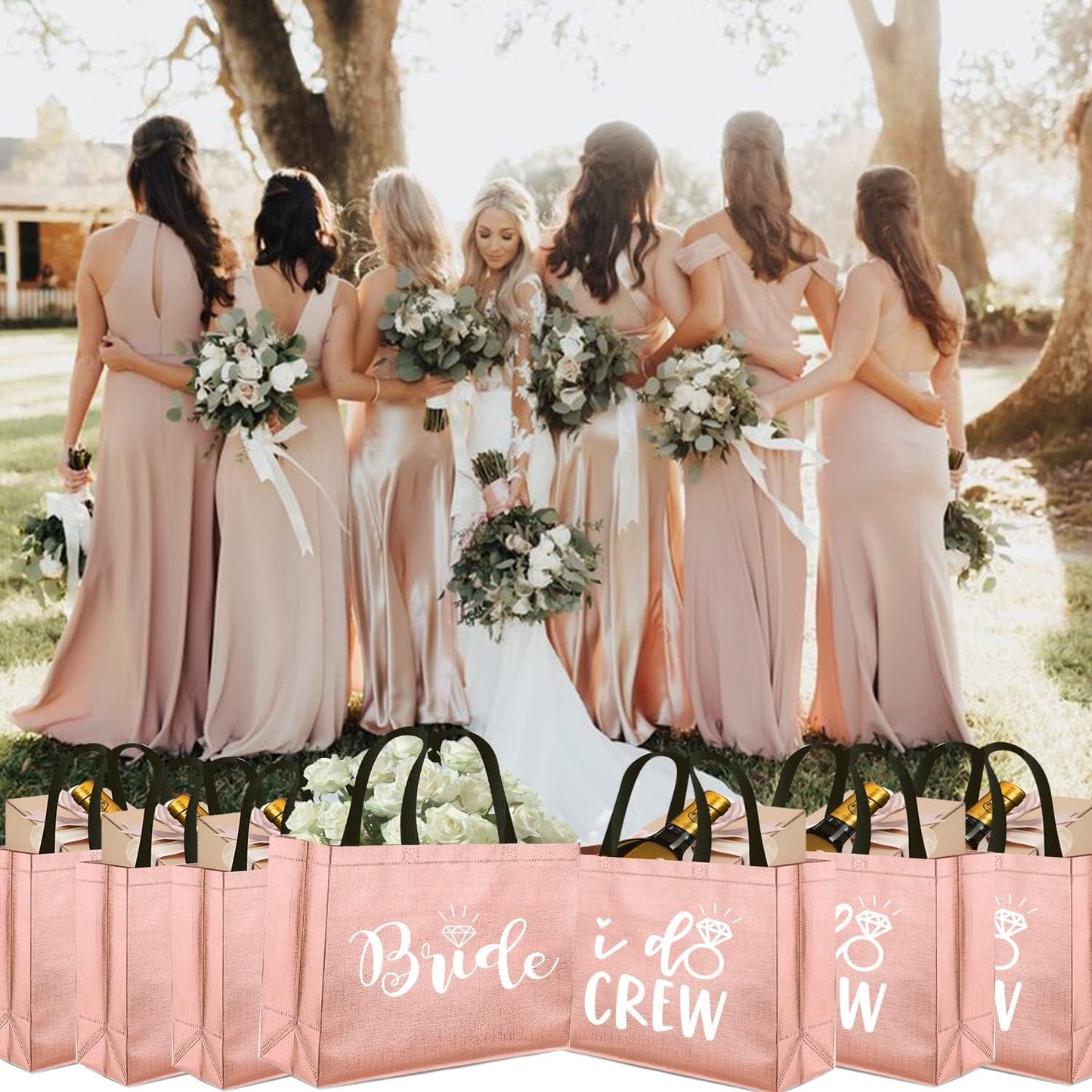 Rose Gold I Do Crew Gift Bags - 8 Non-Woven Bags for Bridesmaid Gifts | Bachelorette Party Favors