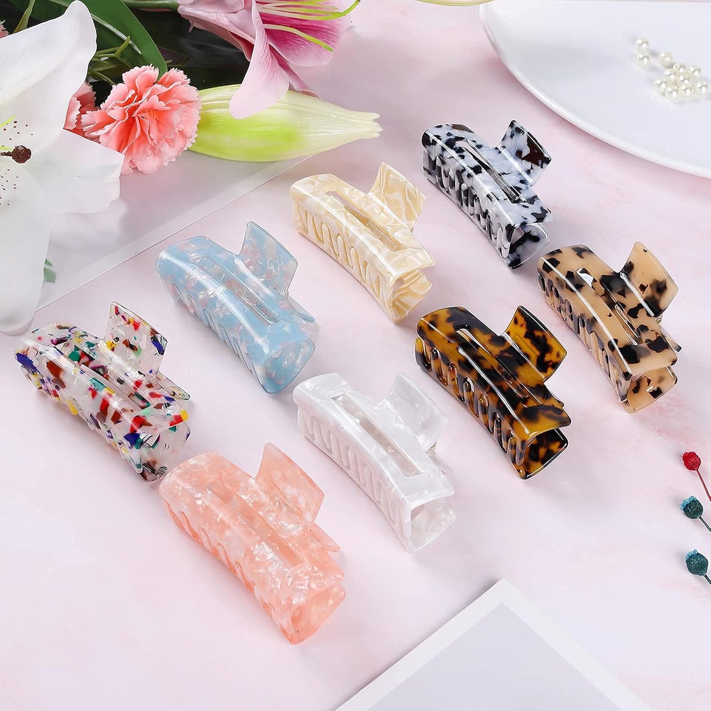 Hair Claw Clips - 8 Pack Tortoise Rectangle Barrettes | 3-Inch Fashion Clips for Women