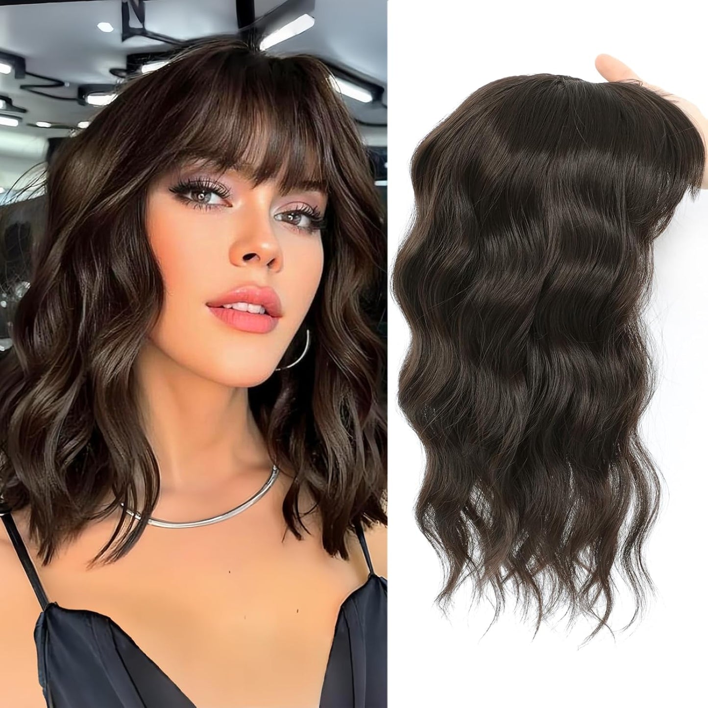 Hair Toppers for Women - 20 Inch Hand-Tied Curly Clip-In Hair Pieces | Lightweight Dark Brown & Chestnut Mix