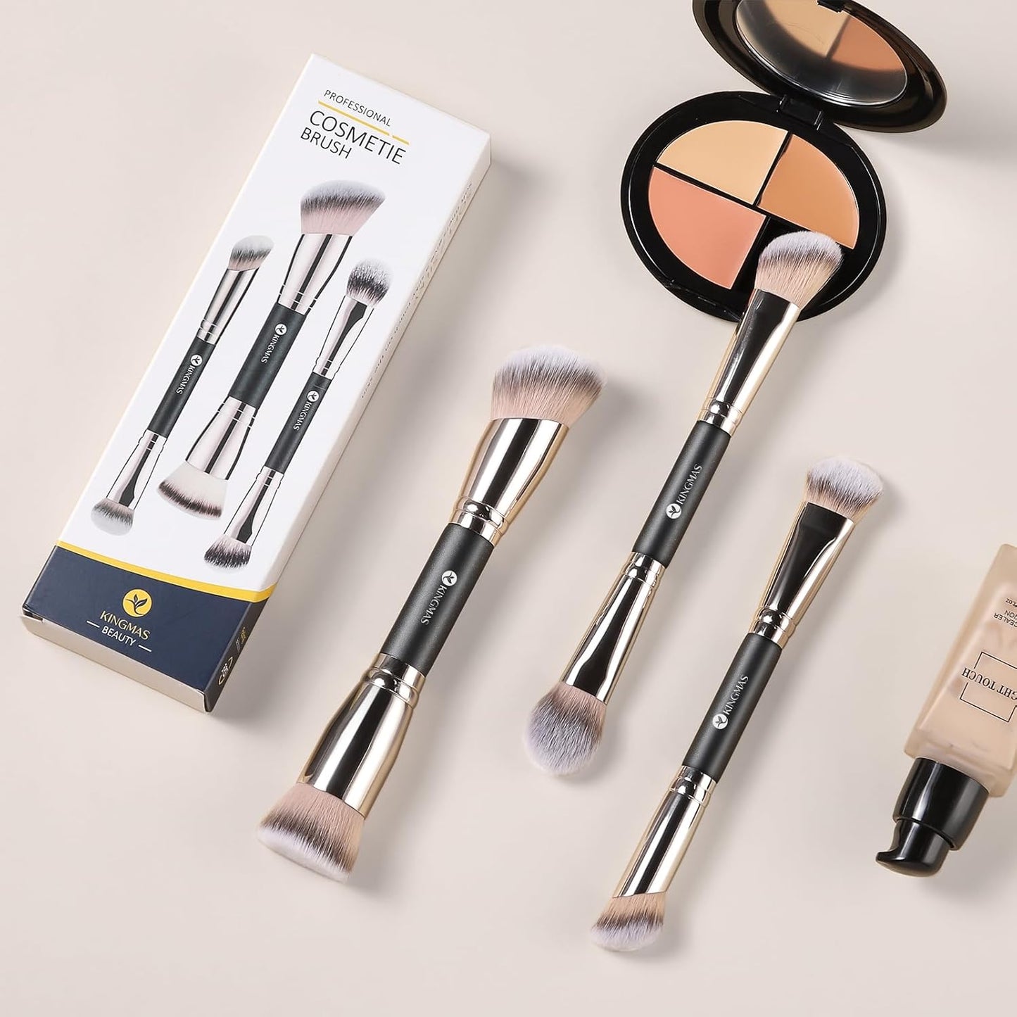Foundation Concealer Contour Brush Set - 3 Dual-Ended Makeup Brushes for Liquid & Powder | Cruelty-Free & Vegan