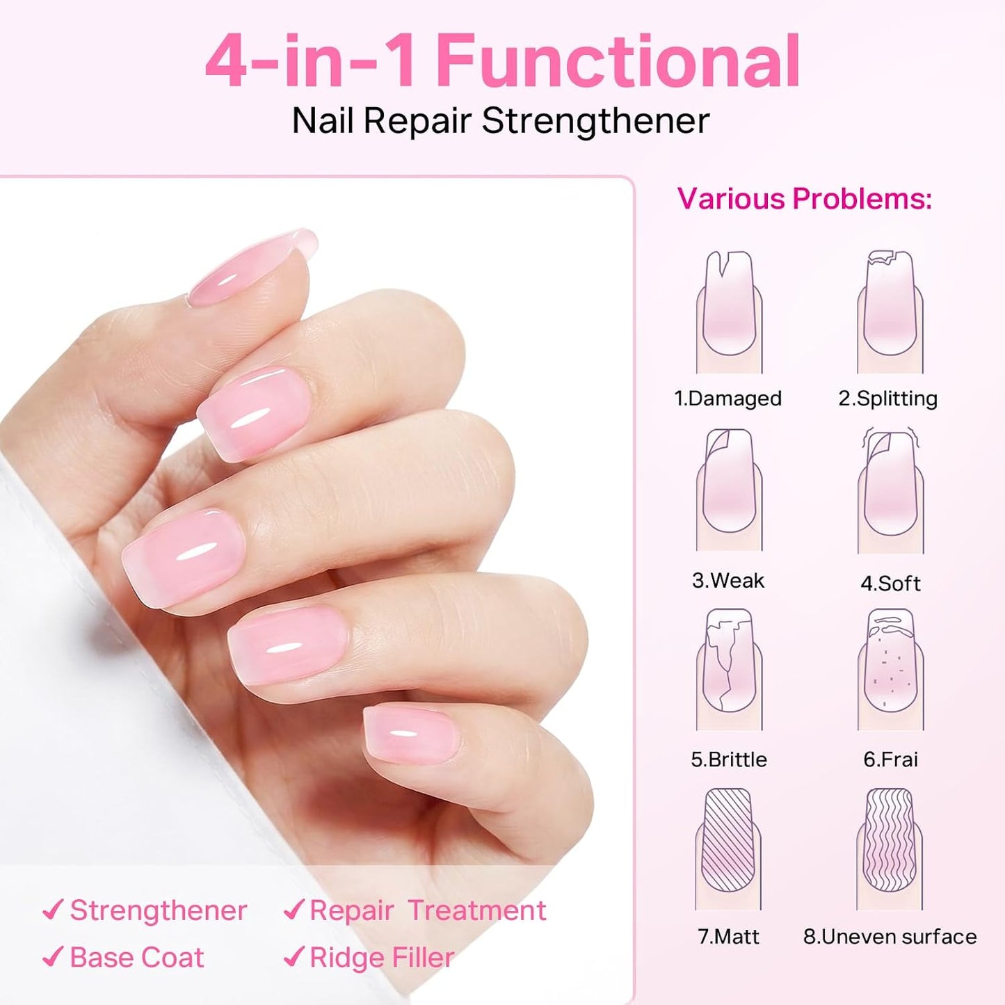 MIZHSE Nail Strengthener & Growth Hardener - Extra Strong Repair for Thin, Damaged Nails | 16ML Pink Ridge Filler